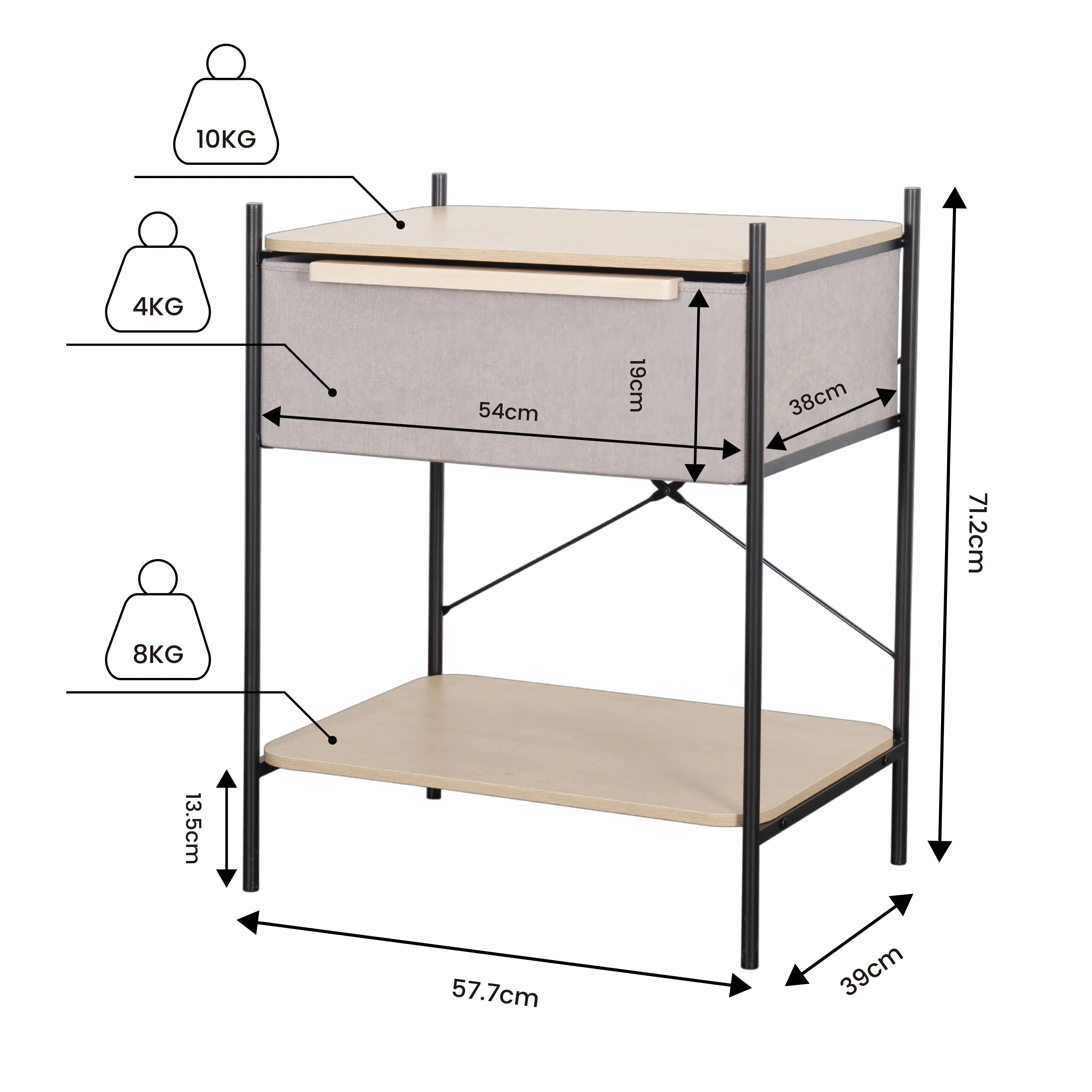 Buró Estilo Kanso con 1 Cajón y 1 Estante de Almacenamiento para Hogar y Oficina, Organizador con Estructura Metálica y Cajón de Tela No Tejida (Gris Claro y Natural) MU:4LIFE