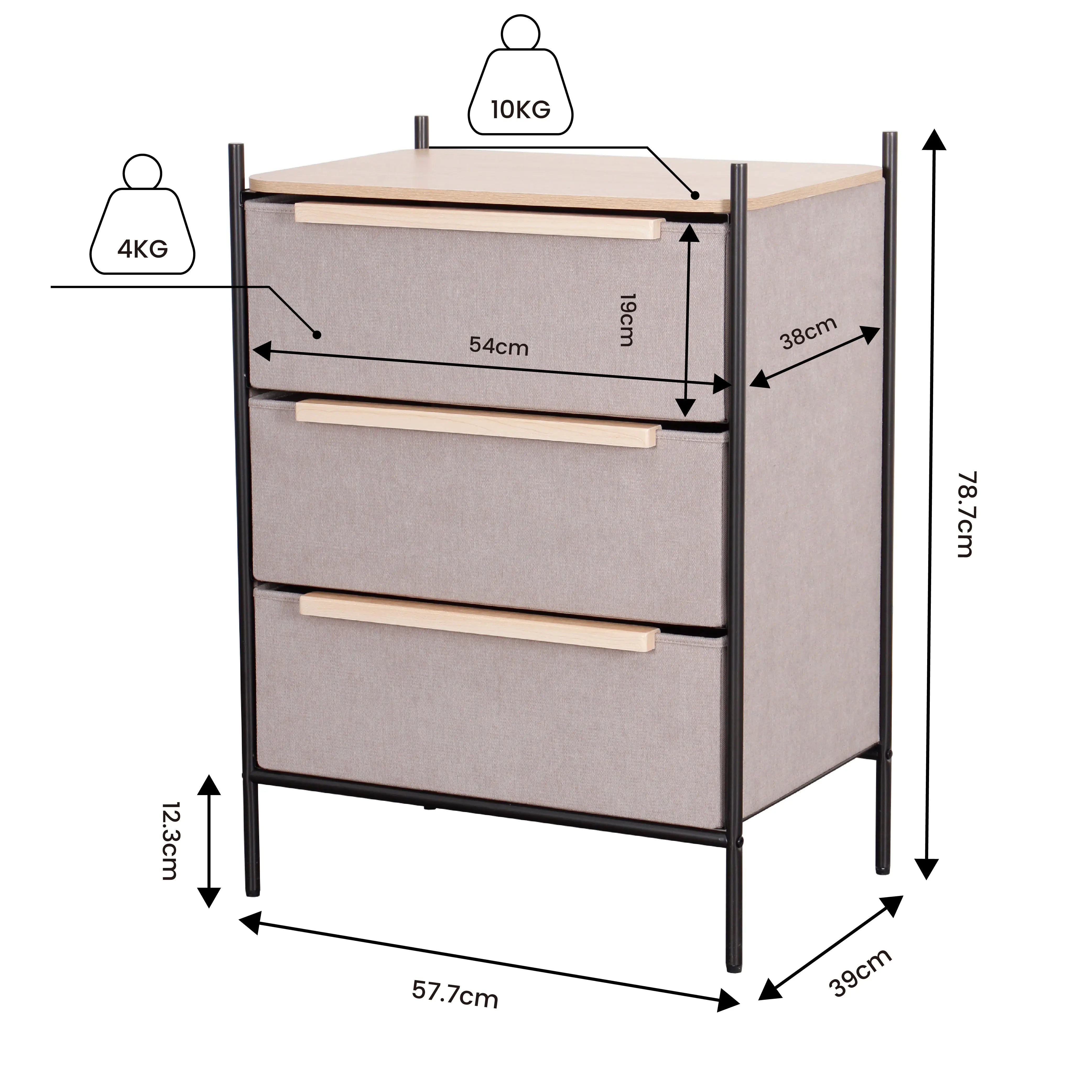 Cómoda Estilo Kanso de 3 Cajones de Almacenamiento para Hogar y Oficina, Organizador Cajonera con Estructura Metálica y Cajones de Tela No Tejida (Gris Claro y Natural) MU:4LIFE