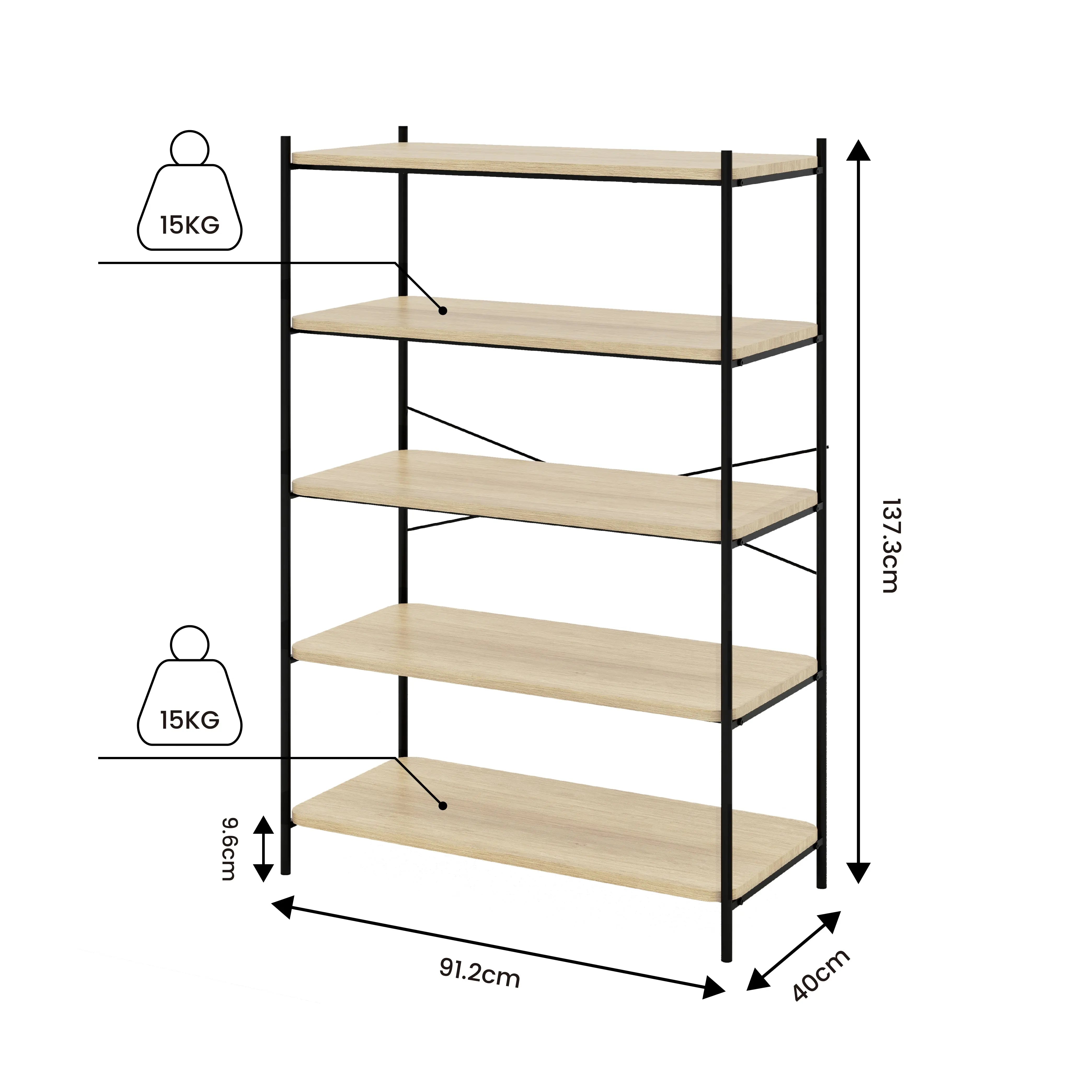 Estantería Organizador de 5 Niveles Estilo Kanso de Madera y Metal, Librero Multiuso para Almacenamiento en Hogar y Oficina (Natural) MU:4LIFE