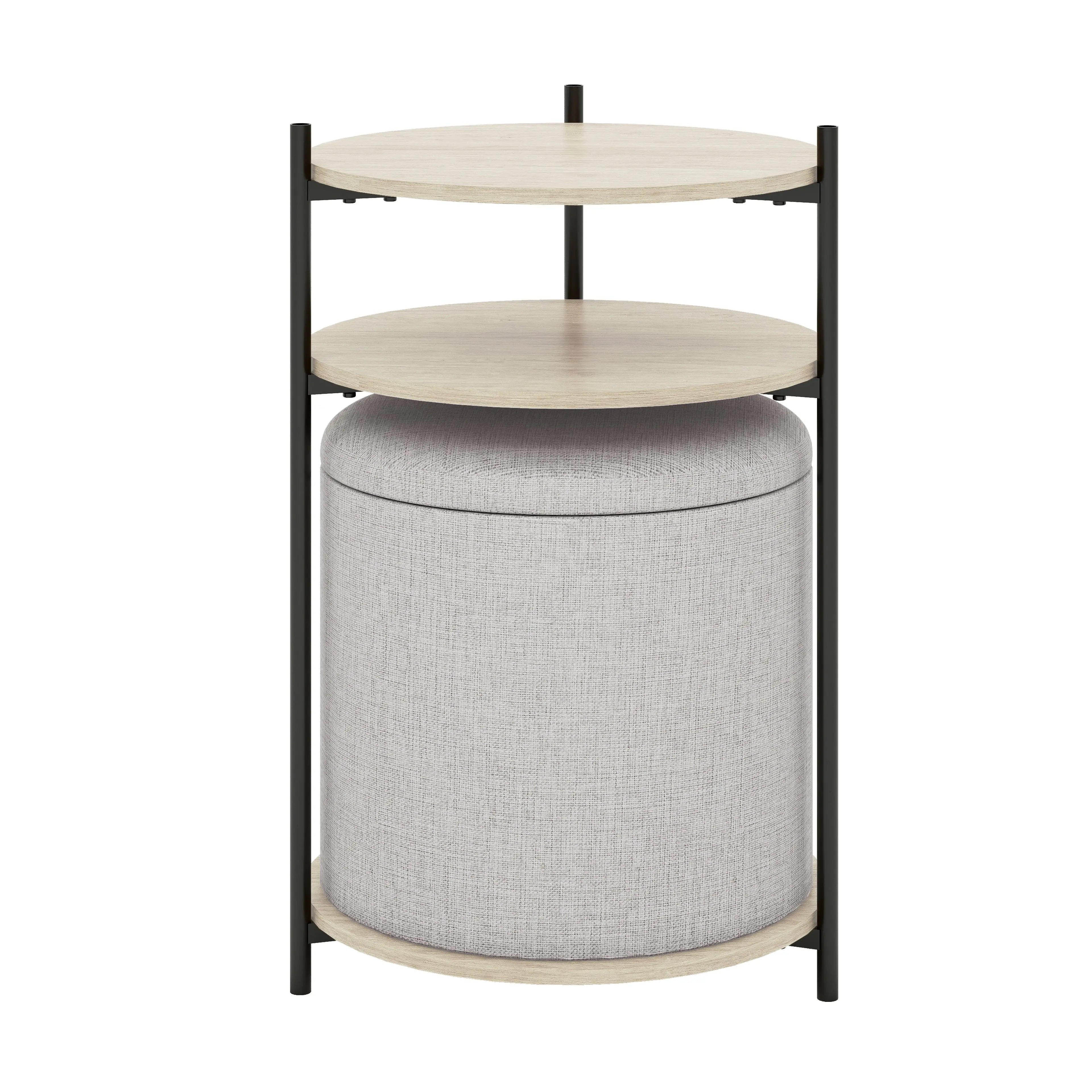 Mesa Auxiliar Estilo Kanso, Mesa Lateral Redonda con Taburete Ottoman de Almacenamiento y Tapa para Hogar y Oficina (Gris Claro y Natural) MU:4LIFE