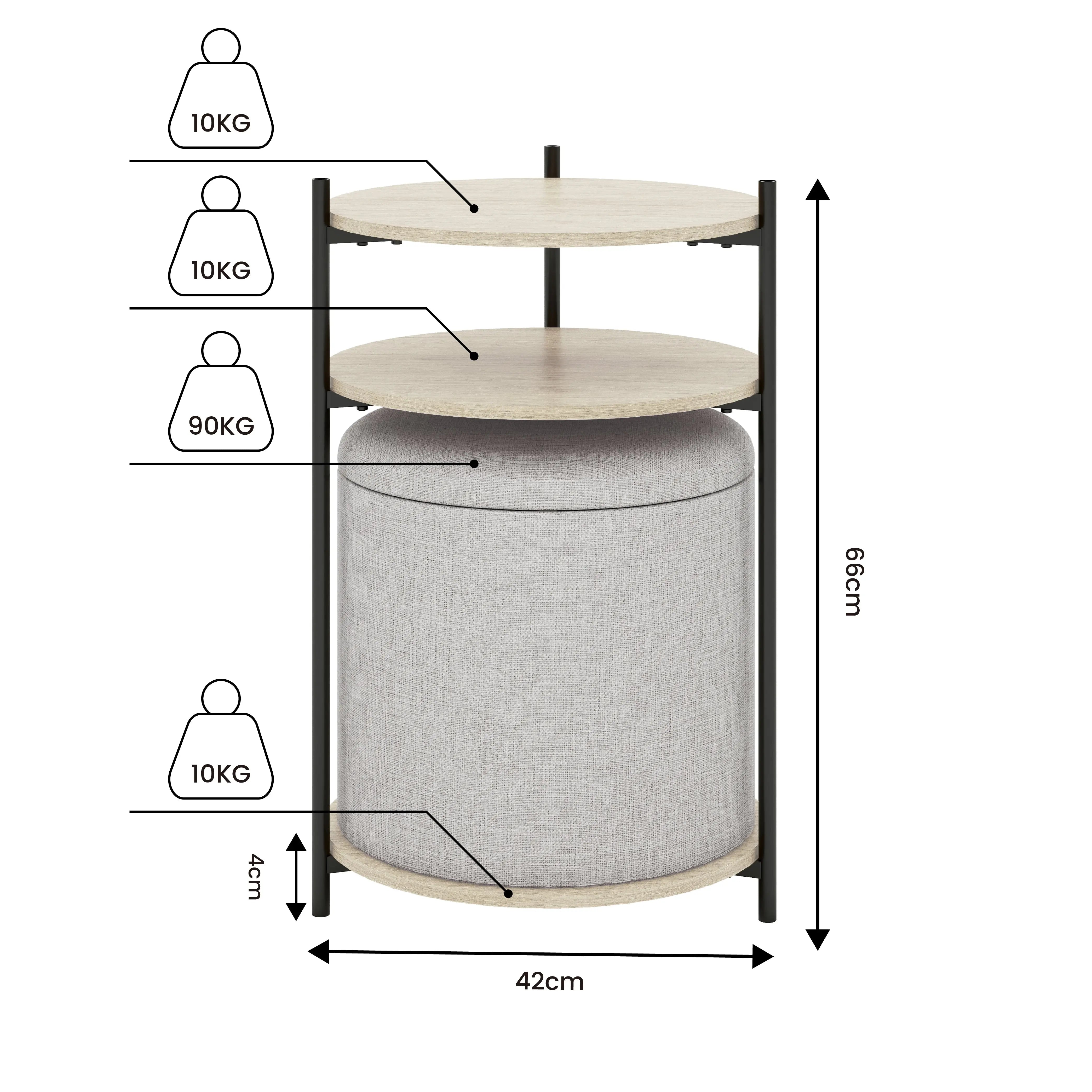 Mesa Auxiliar Estilo Kanso, Mesa Lateral Redonda con Taburete Ottoman de Almacenamiento y Tapa para Hogar y Oficina (Gris Claro y Natural) MU:4LIFE