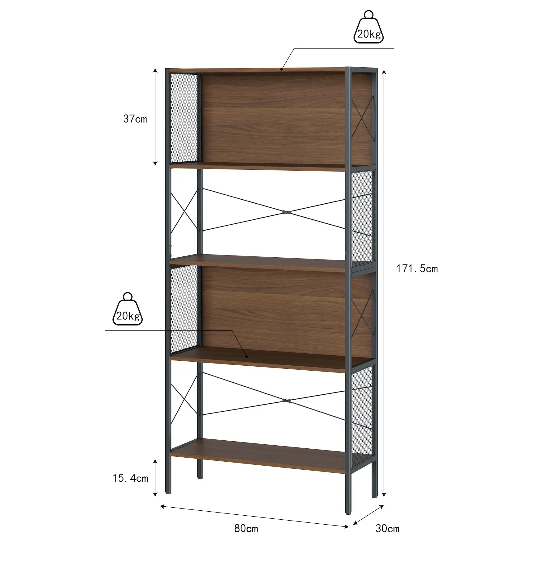 Estantería de Madera y Metal, Librero Multiuso para Organización y Almacenamiento en Hogar y Oficina (1x4 Estantes, Nogal) MU:4LIFE