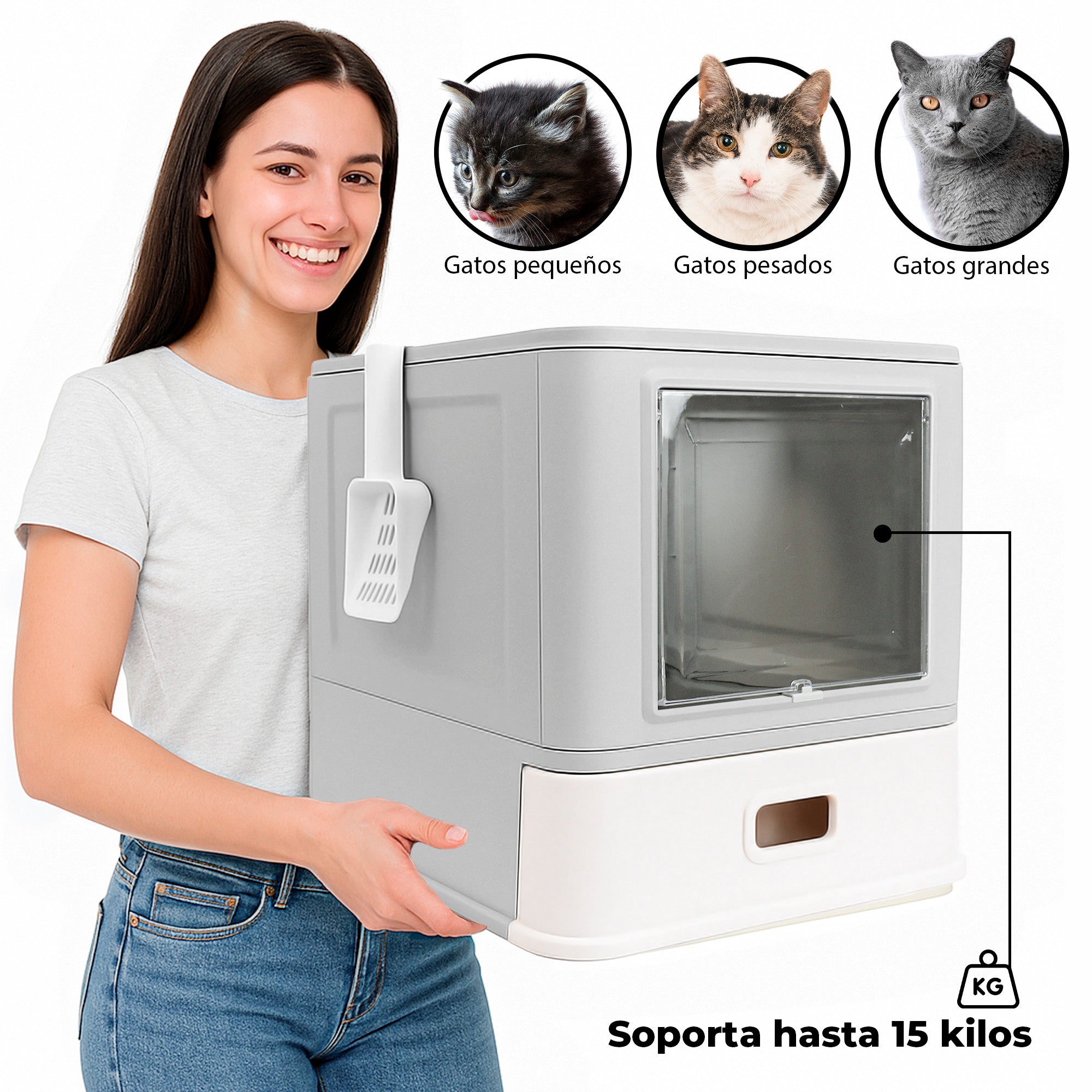 Arenero Cerrado para Gato con Bandeja Alta de Acero Inoxidable Integrado, con Palita y Tapa Desmontable