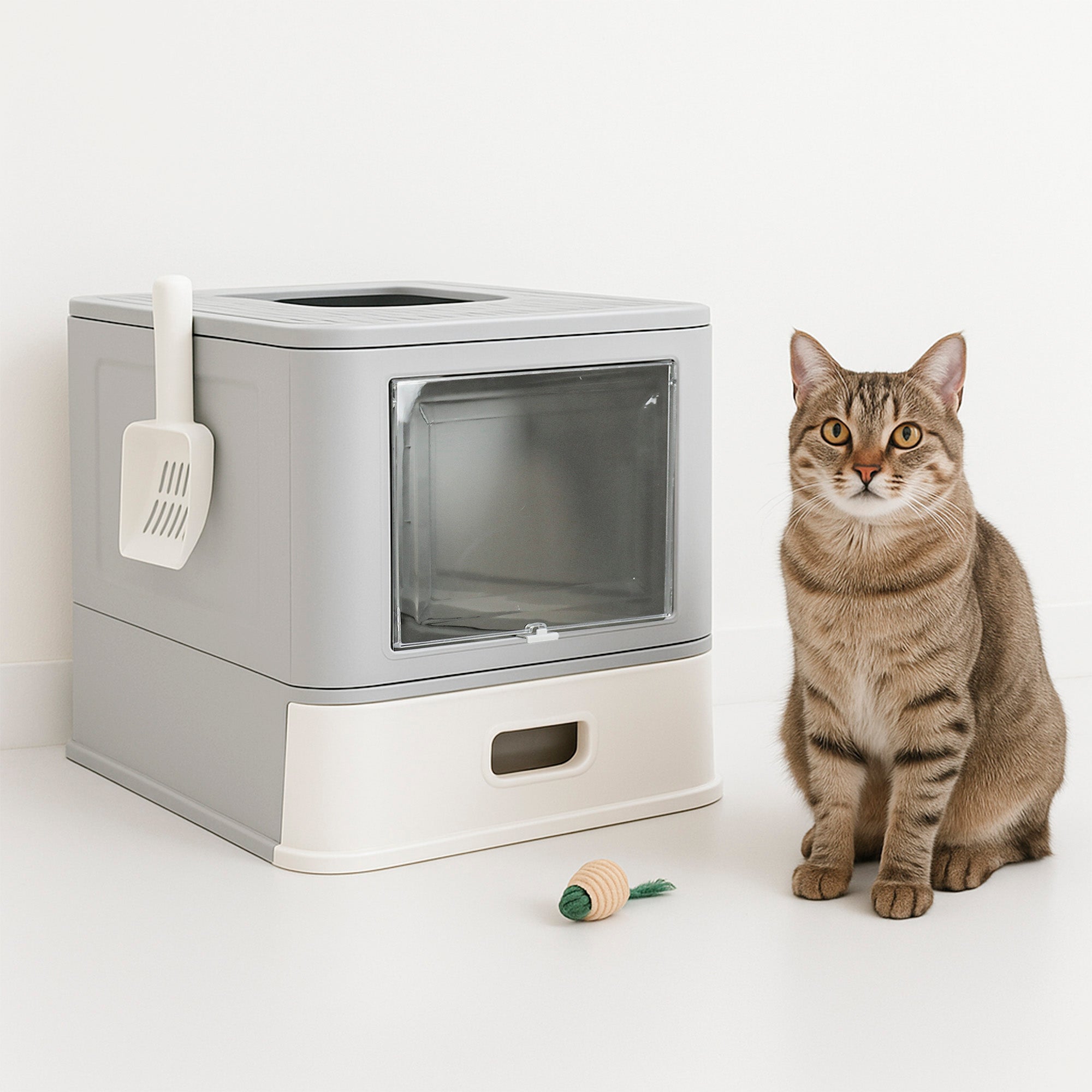 Arenero Cerrado para Gato con Bandeja Alta de Acero Inoxidable Integrado, con Palita y Tapa Desmontable