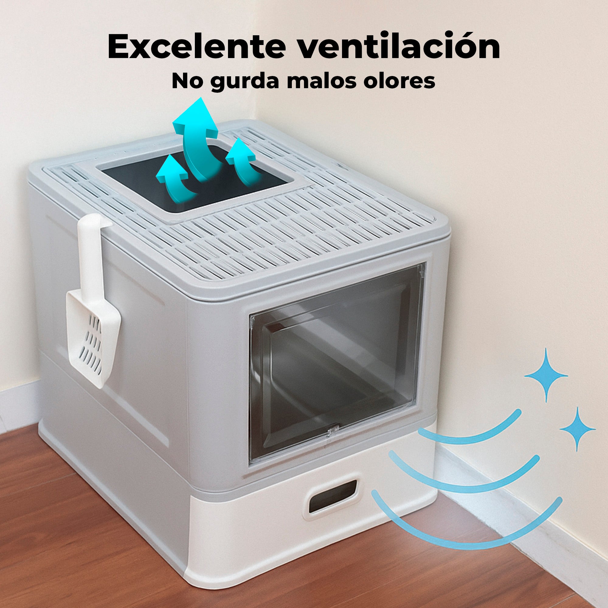 Arenero Cerrado para Gato con Bandeja Alta de Acero Inoxidable Integrado, con Palita y Tapa Desmontable