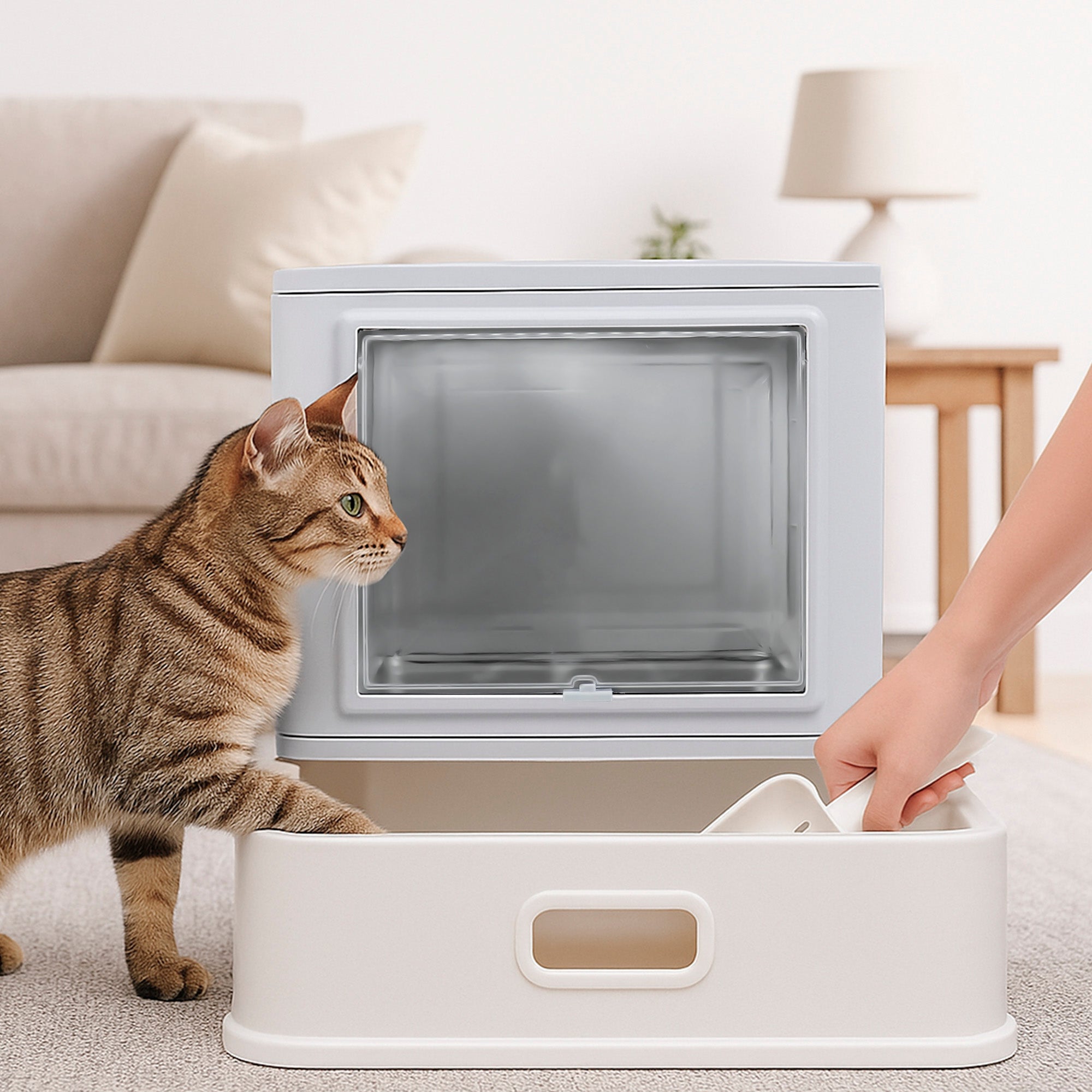 Arenero Cerrado para Gato con Bandeja Alta de Acero Inoxidable Integrado, con Palita y Tapa Desmontable