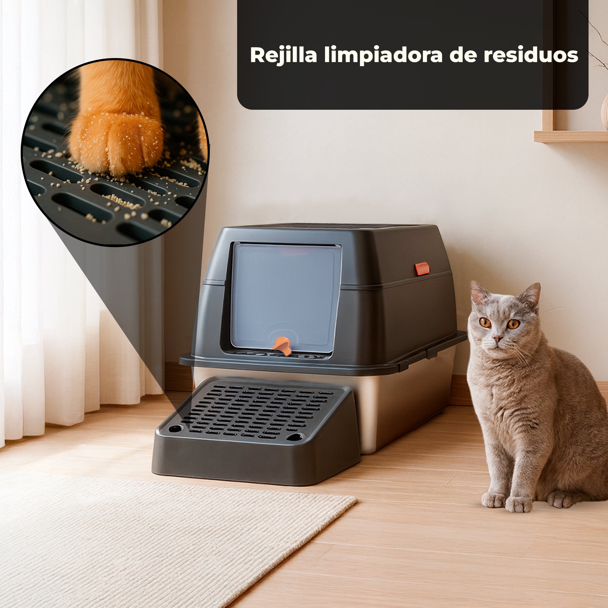 Arenero para Gatos 3 en 1 de Bandeja de Acero Inoxidable Antifugas y Antiodor, con Filtro Superior, Pala y Tapete