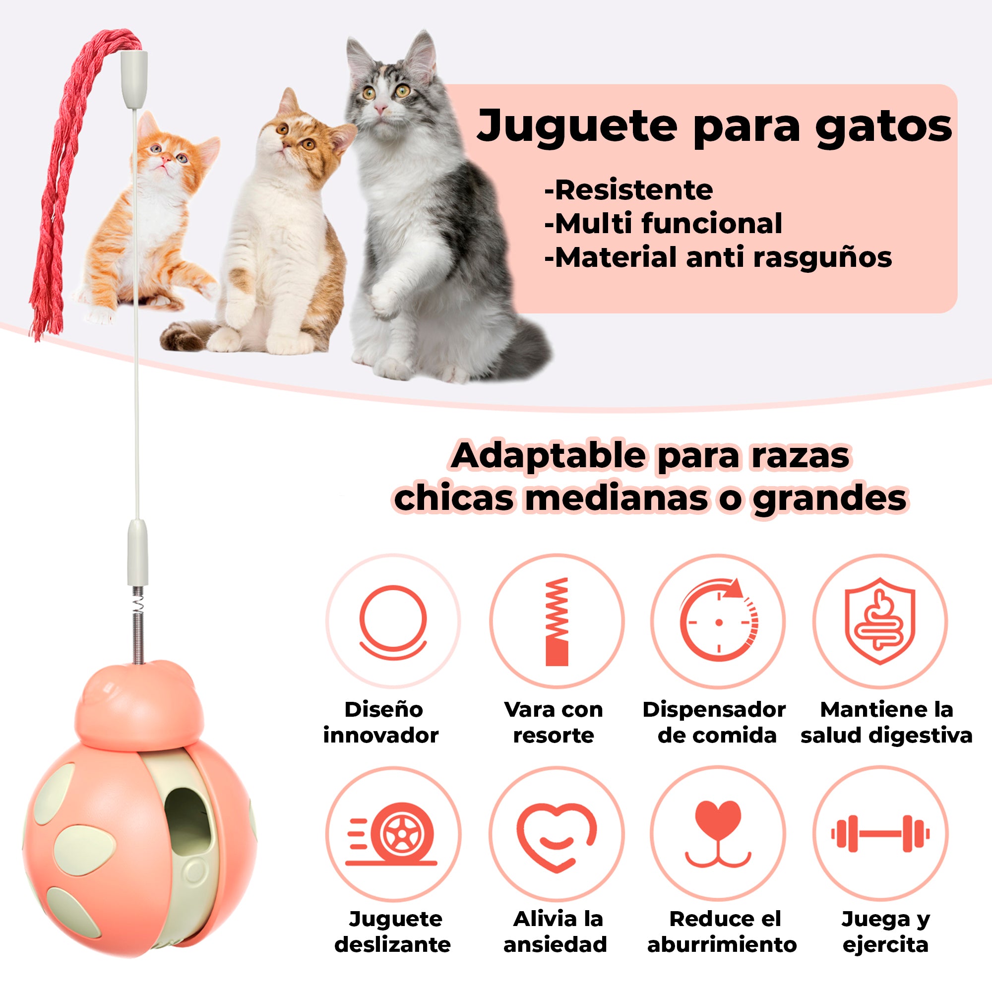 Juguete Dispensador para Gatos, Juguete Interactivo con Vara Elástica, Diseño Tumbler Interactivo, Bola de Ejercicio con Cuerda