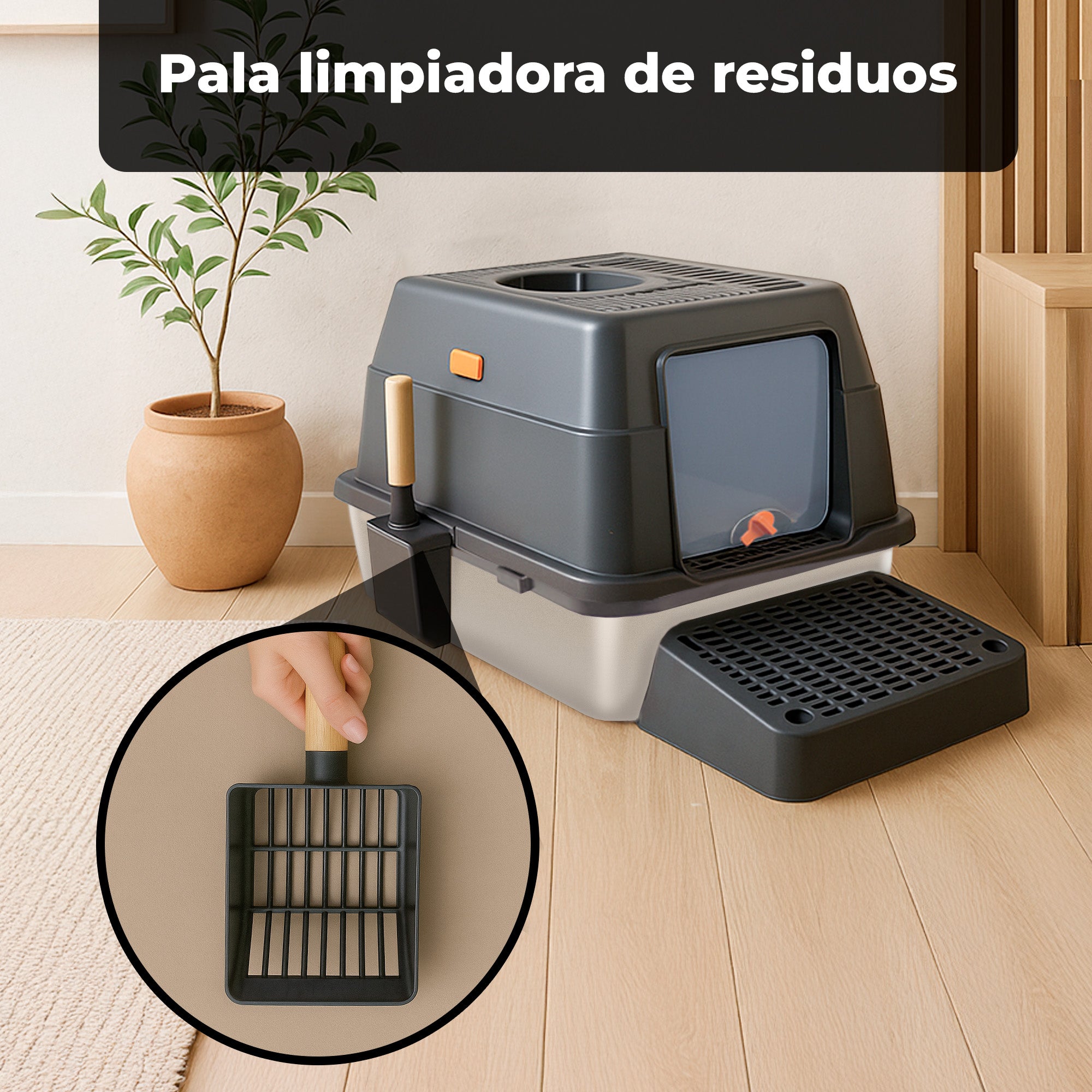 Arenero para Gatos 3 en 1 de Bandeja de Acero Inoxidable Antifugas y Antiodor, con Filtro Superior, Pala y Tapete