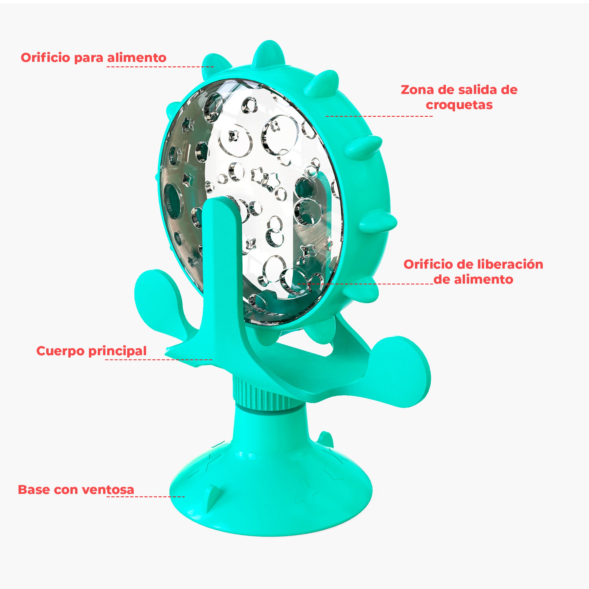Juguete Interactivo para Gatos 2 en 1 con Dispensador Giratorio de Alimento, Base con Ventosa Antideslizante y Entrenador Antiansiedad para Croquetas y Premios
