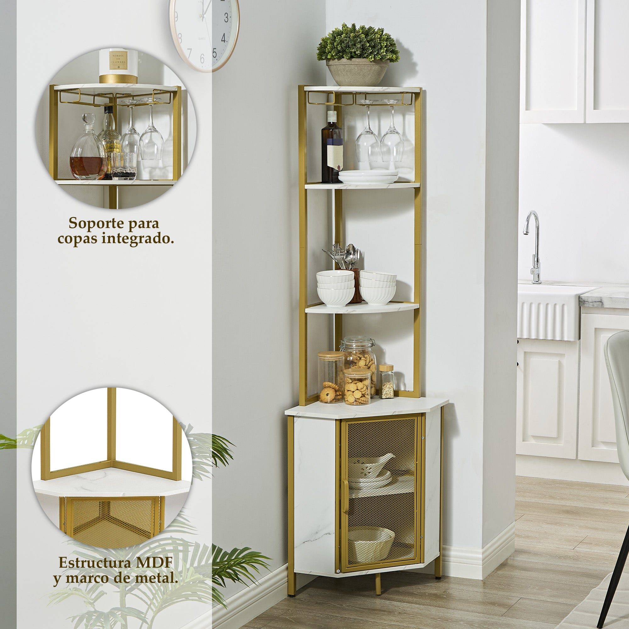 Estación de Bar y Café en Esquina con Estantes, Rack de Copas y Puerta de Malla