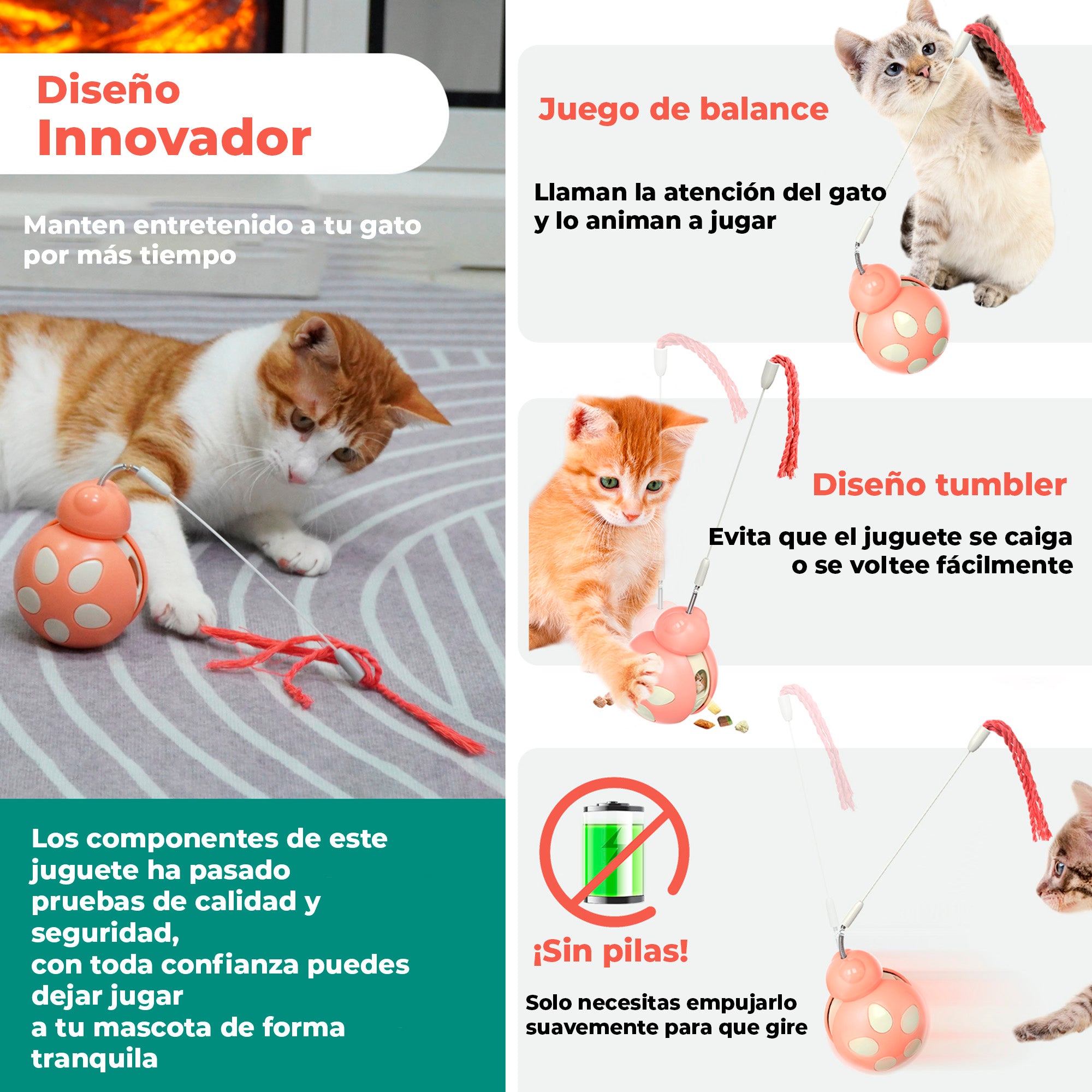 Juguete Dispensador para Gatos, Juguete Interactivo con Vara Elástica, Diseño Tumbler Interactivo, Bola de Ejercicio con Cuerda