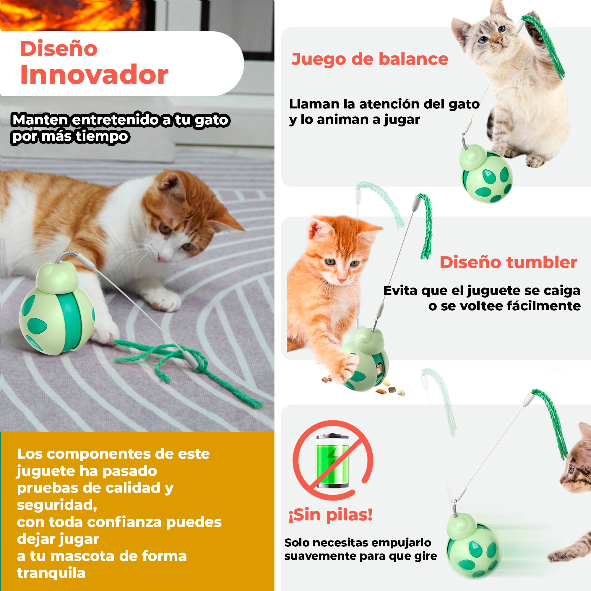 Juguete Dispensador para Gatos, Juguete Interactivo con Vara Elástica, Diseño Tumbler Interactivo, Bola de Ejercicio con Cuerda