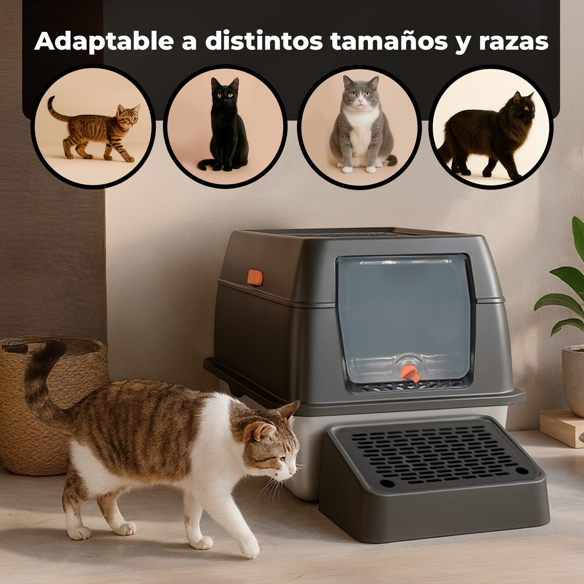 Arenero para Gatos 3 en 1 de Bandeja de Acero Inoxidable Antifugas y Antiodor, con Filtro Superior, Pala y Tapete