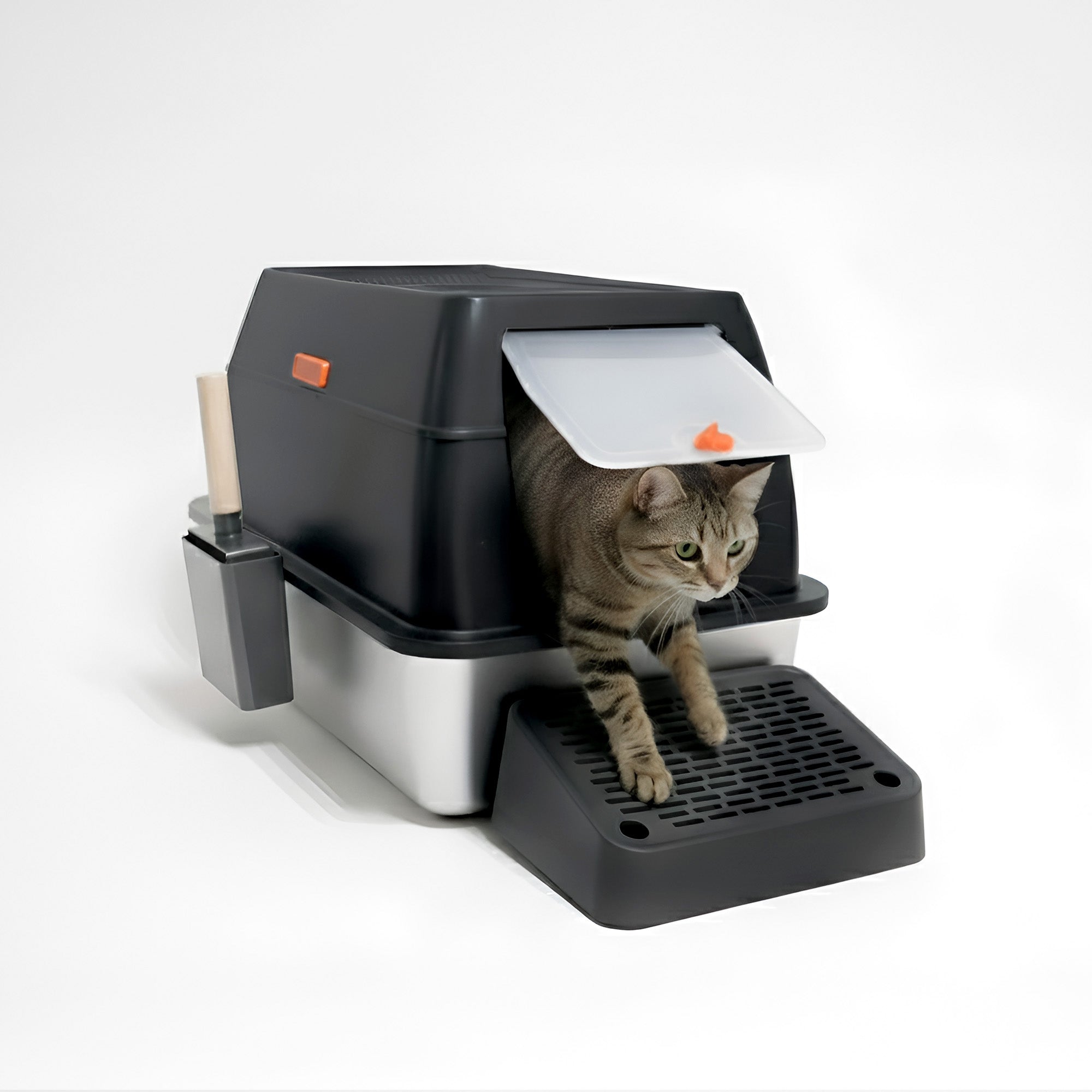 Arenero para Gatos 3 en 1 de Bandeja de Acero Inoxidable Antifugas y Antiodor, con Filtro Superior, Pala y Tapete