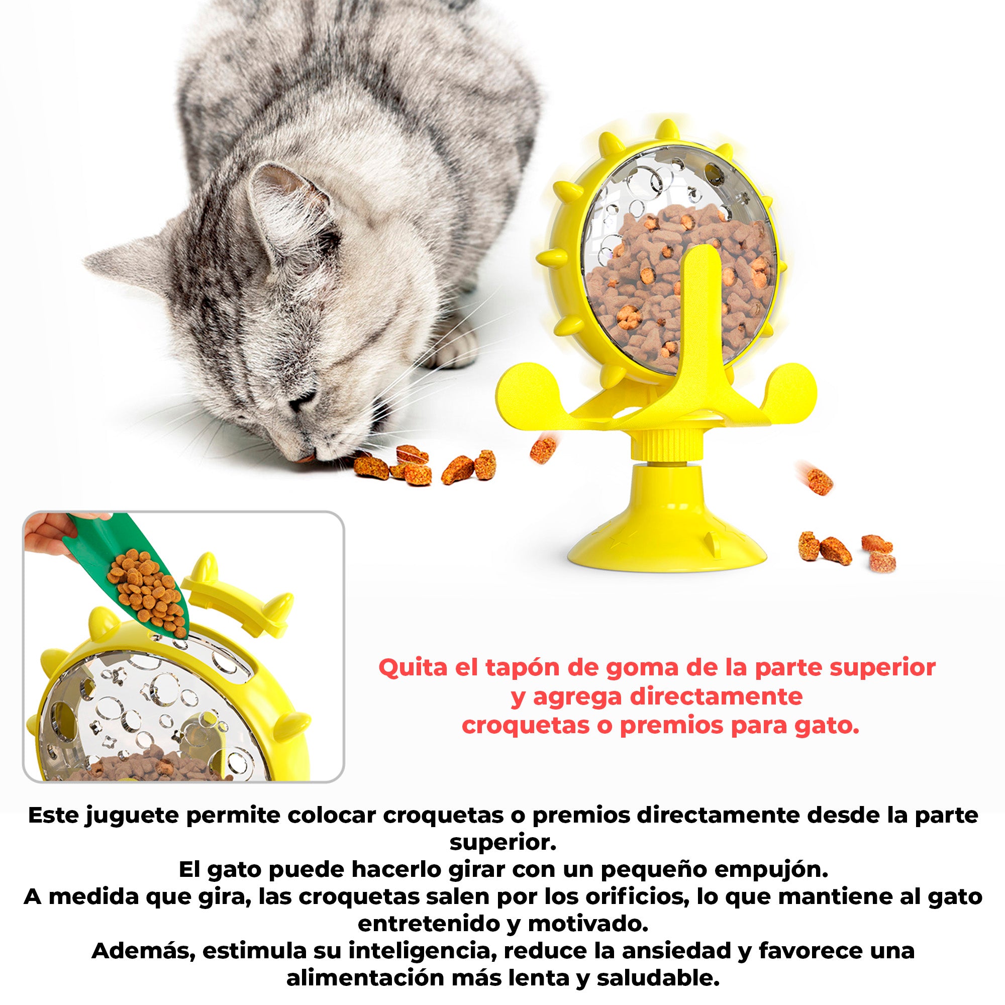 Juguete Interactivo para Gatos 2 en 1 con Dispensador Giratorio de Alimento, Base con Ventosa Antideslizante y Entrenador Antiansiedad para Croquetas y Premios