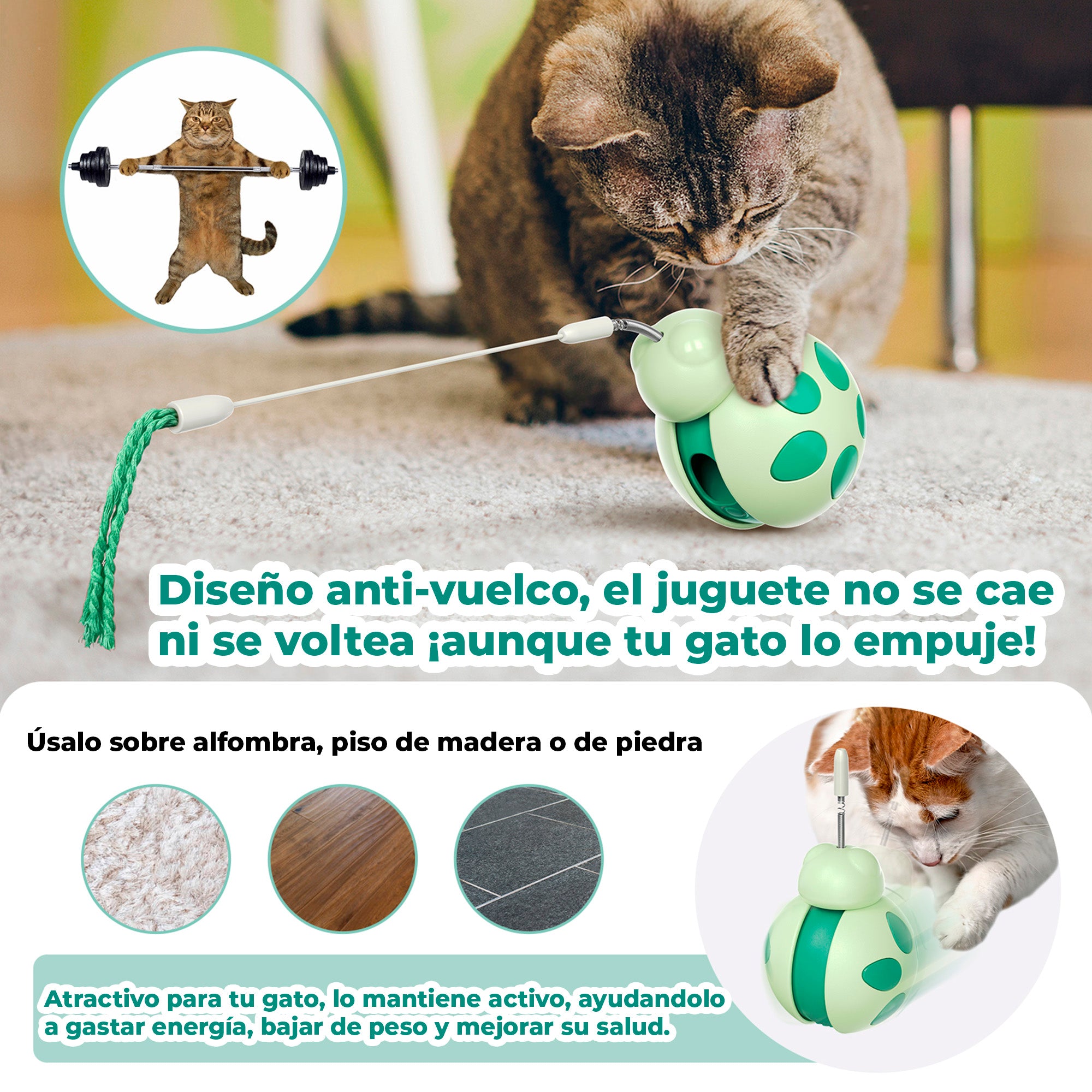 Juguete Dispensador para Gatos, Juguete Interactivo con Vara Elástica, Diseño Tumbler Interactivo, Bola de Ejercicio con Cuerda