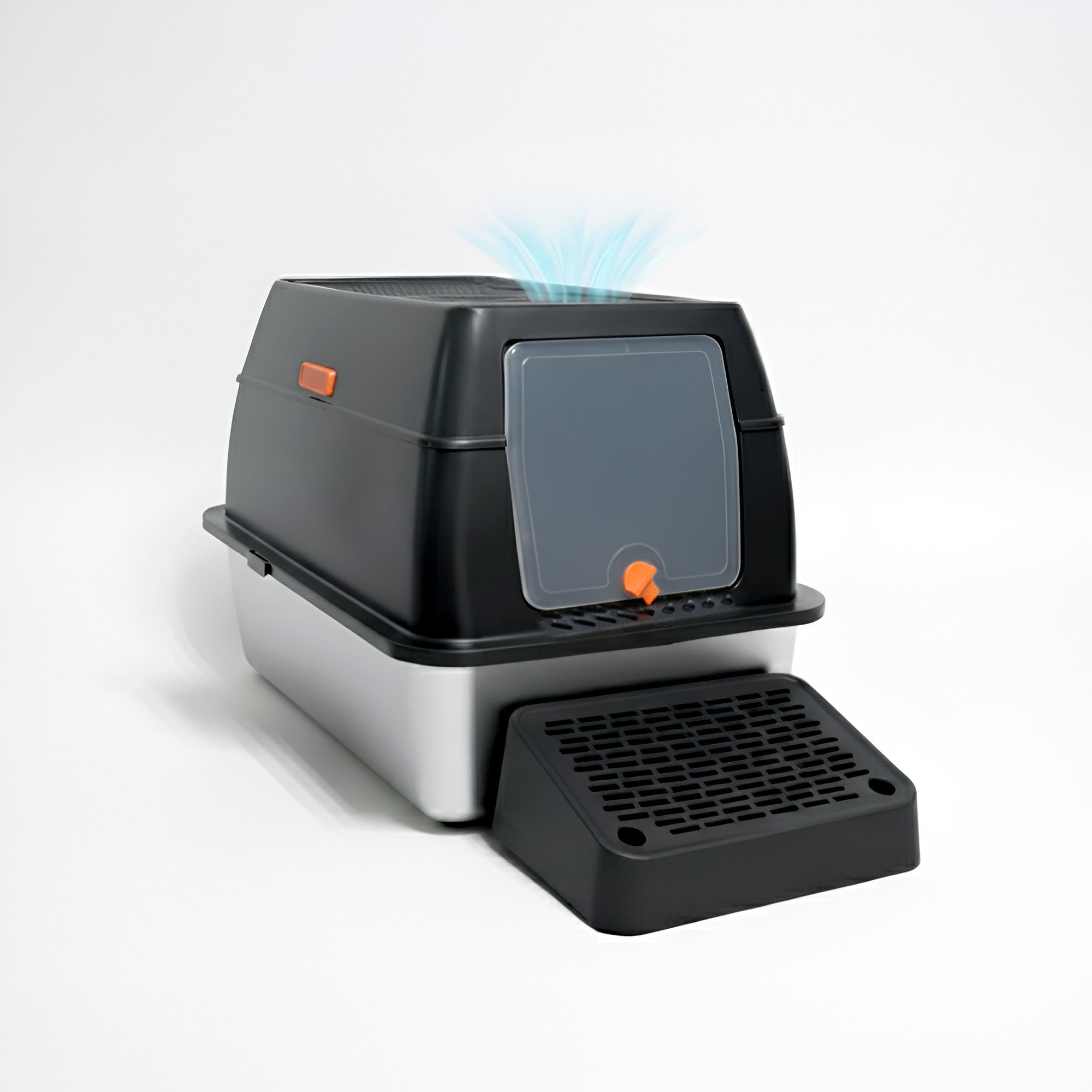 Arenero para Gatos 3 en 1 de Bandeja de Acero Inoxidable Antifugas y Antiodor, con Filtro Superior, Pala y Tapete