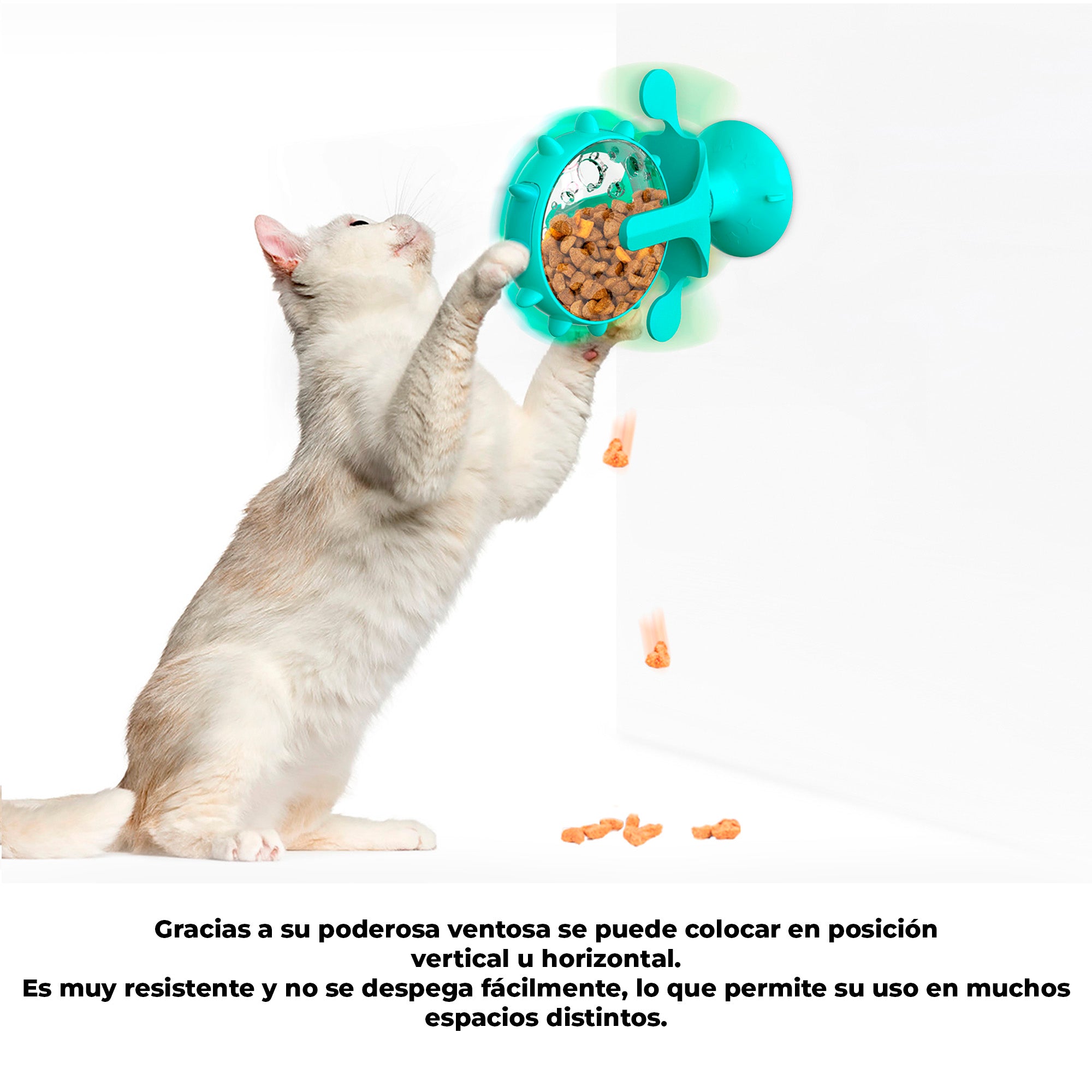 Juguete Interactivo para Gatos 2 en 1 con Dispensador Giratorio de Alimento, Base con Ventosa Antideslizante y Entrenador Antiansiedad para Croquetas y Premios