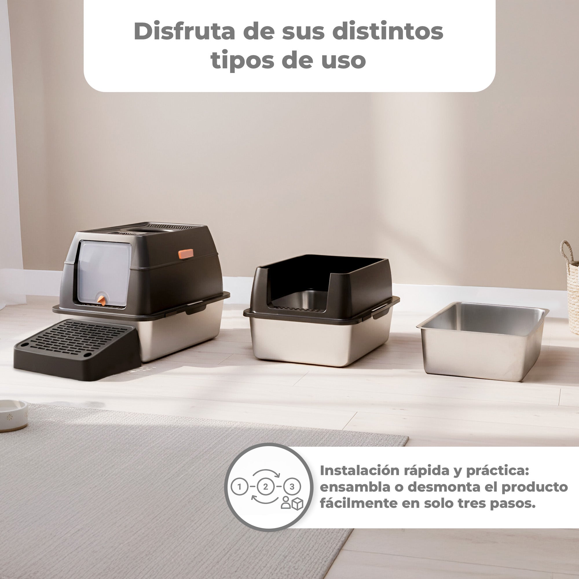 Arenero para Gatos 3 en 1 de Bandeja de Acero Inoxidable Antifugas y Antiodor, con Filtro Superior, Pala y Tapete