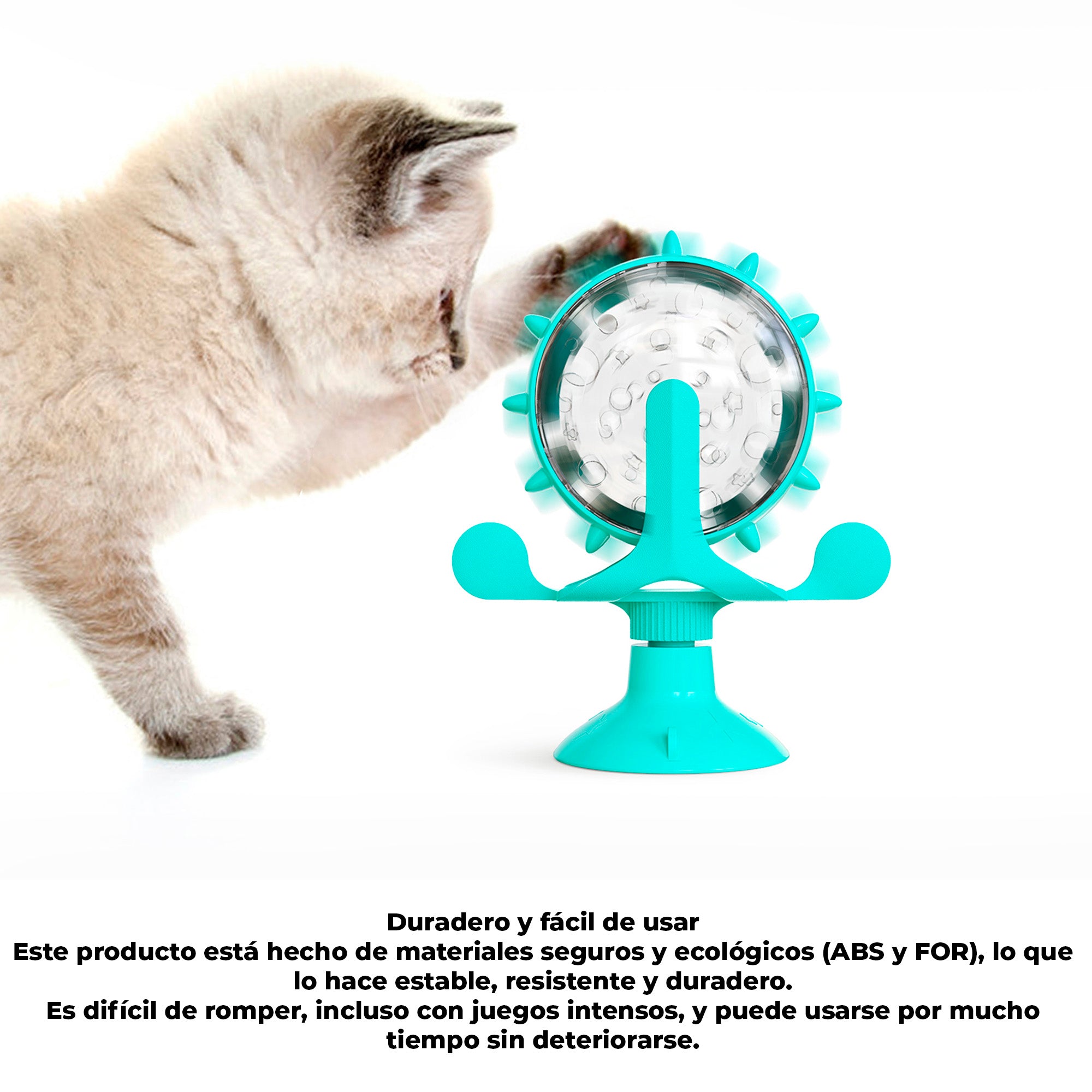 Juguete Interactivo para Gatos 2 en 1 con Dispensador Giratorio de Alimento, Base con Ventosa Antideslizante y Entrenador Antiansiedad para Croquetas y Premios