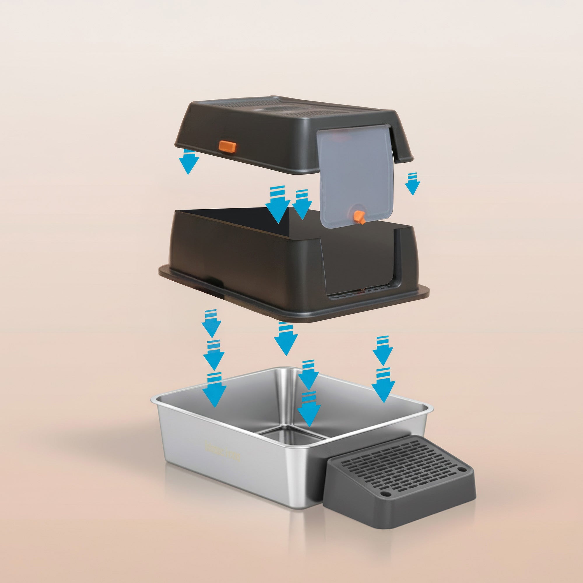 Arenero para Gatos 3 en 1 de Bandeja de Acero Inoxidable Antifugas y Antiodor, con Filtro Superior, Pala y Tapete