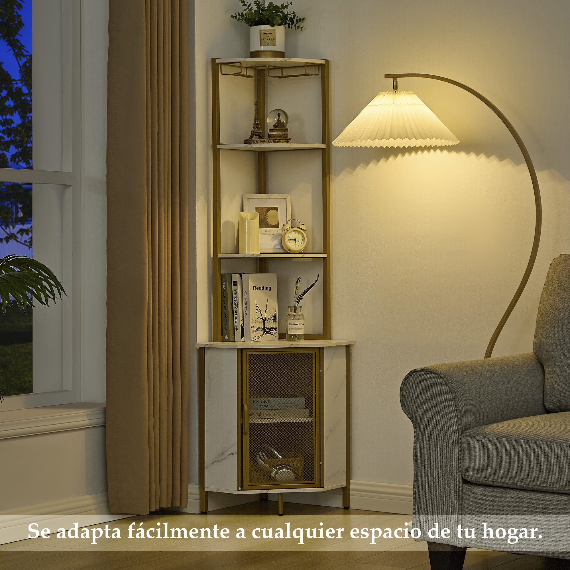 Estación de Bar y Café en Esquina con Estantes, Rack de Copas y Puerta de Malla