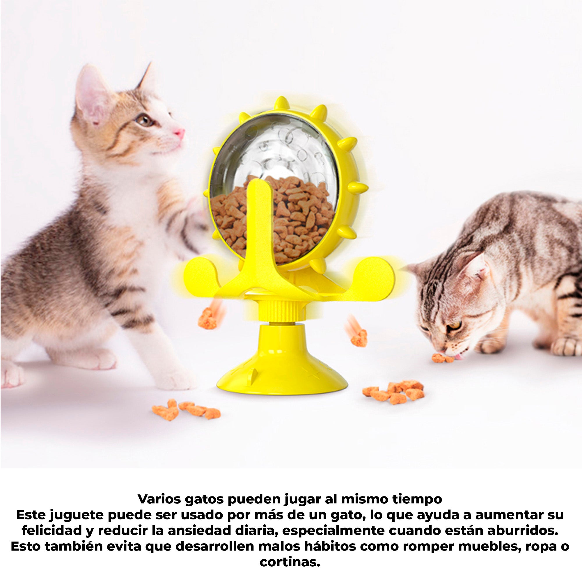Juguete Interactivo para Gatos 2 en 1 con Dispensador Giratorio de Alimento, Base con Ventosa Antideslizante y Entrenador Antiansiedad para Croquetas y Premios