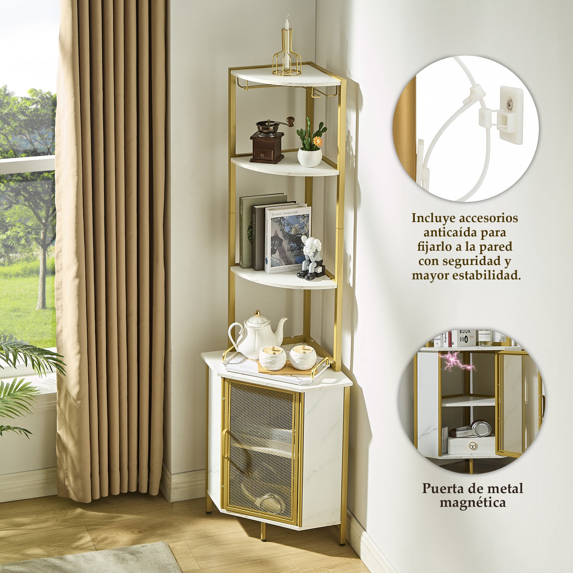 Estación de Bar y Café en Esquina con Estantes, Rack de Copas y Puerta de Malla