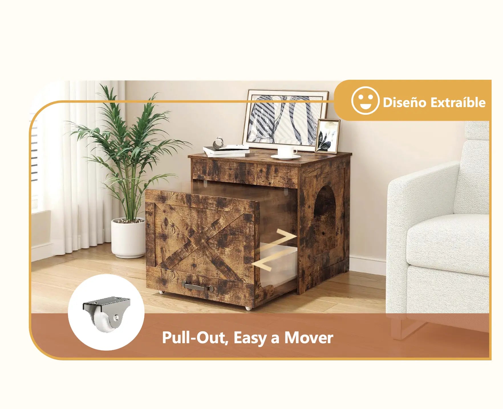 MU:4LIFE Pull-out Mueble Caja Arenero para Gato con Tabla Rascador Y Ruedas MU:4LIFE