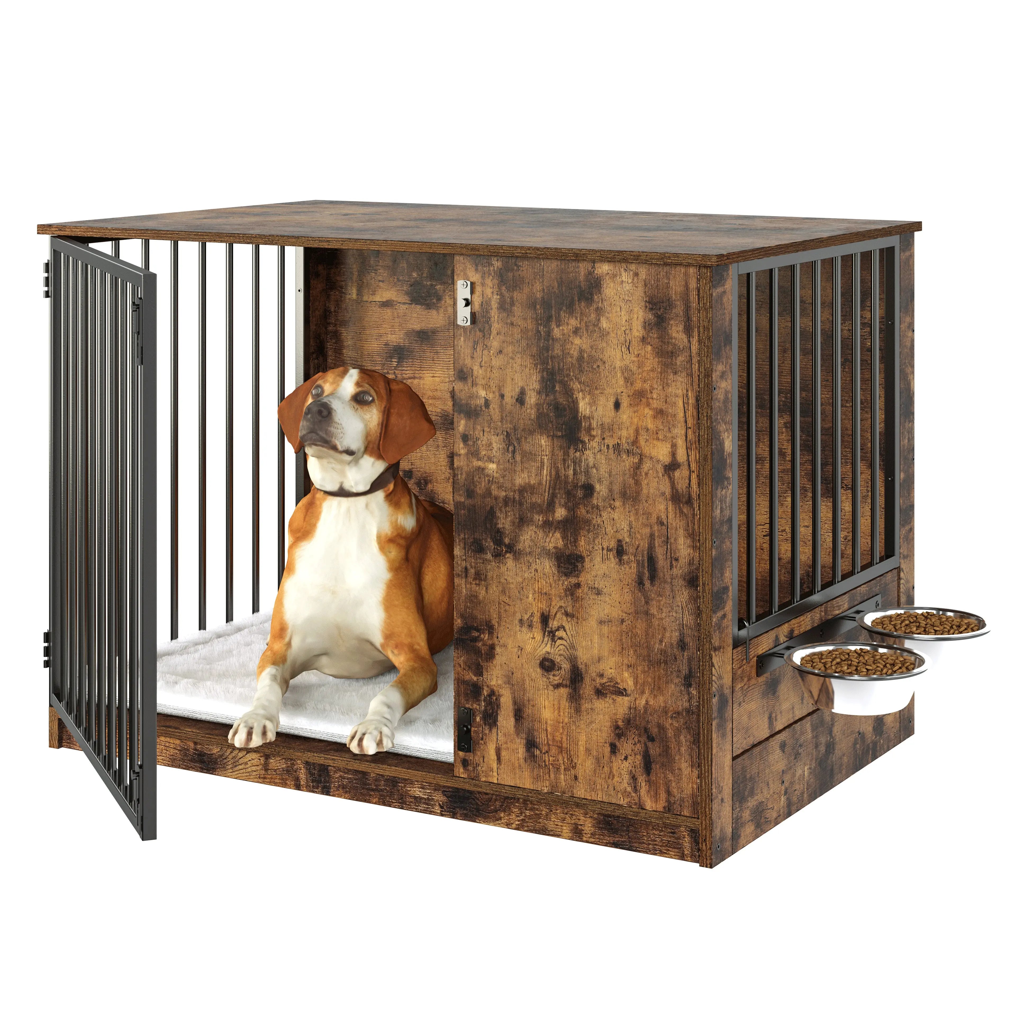 Mueble Jaula para Perros con Puerta de Rotación 270°, 2 Tazones Giratorios 360° y Cojín Doble Cara, Casa de Perro de Alta Resistencia para Uso Interior (Atigrado) MU:4LIFE