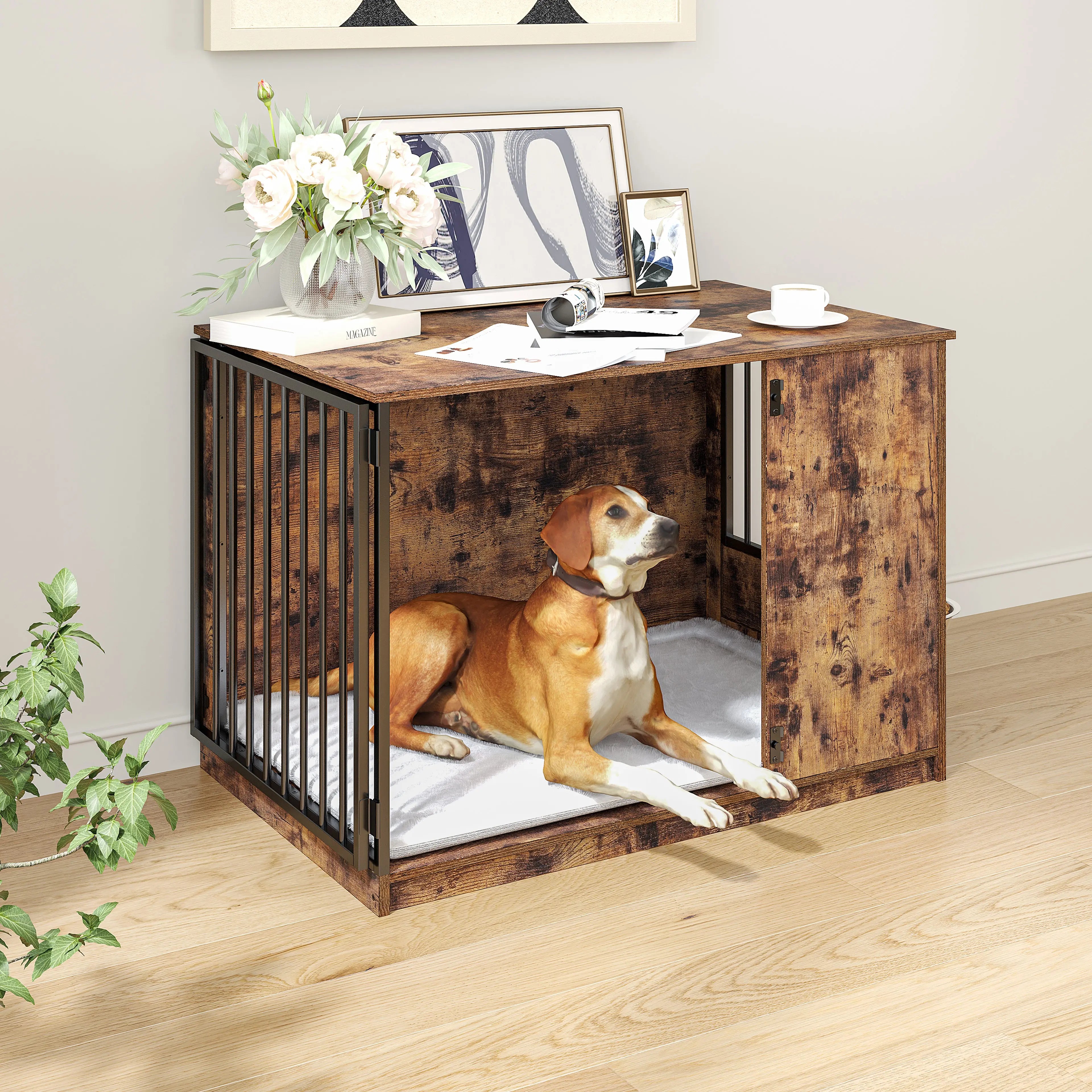 Mueble Jaula para Perros con Puerta de Rotación 270°, 2 Tazones Giratorios 360° y Cojín Doble Cara, Casa de Perro de Alta Resistencia para Uso Interior (Atigrado) MU:4LIFE