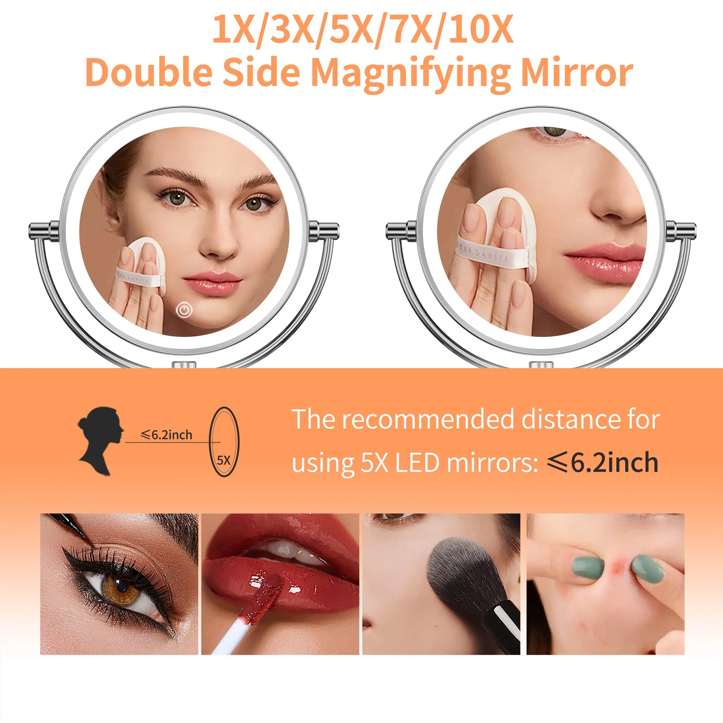 Maquillali Espejo para Baño Redondo de Maquillaje Montado en la Pared con Brazo Extensible, Doble Cara 1X/5X Aumento, Led de 3 Colores Y Ajustable En Brillo, Rotación 360°, Alimentado por Enchufe MU:4LIFE MX