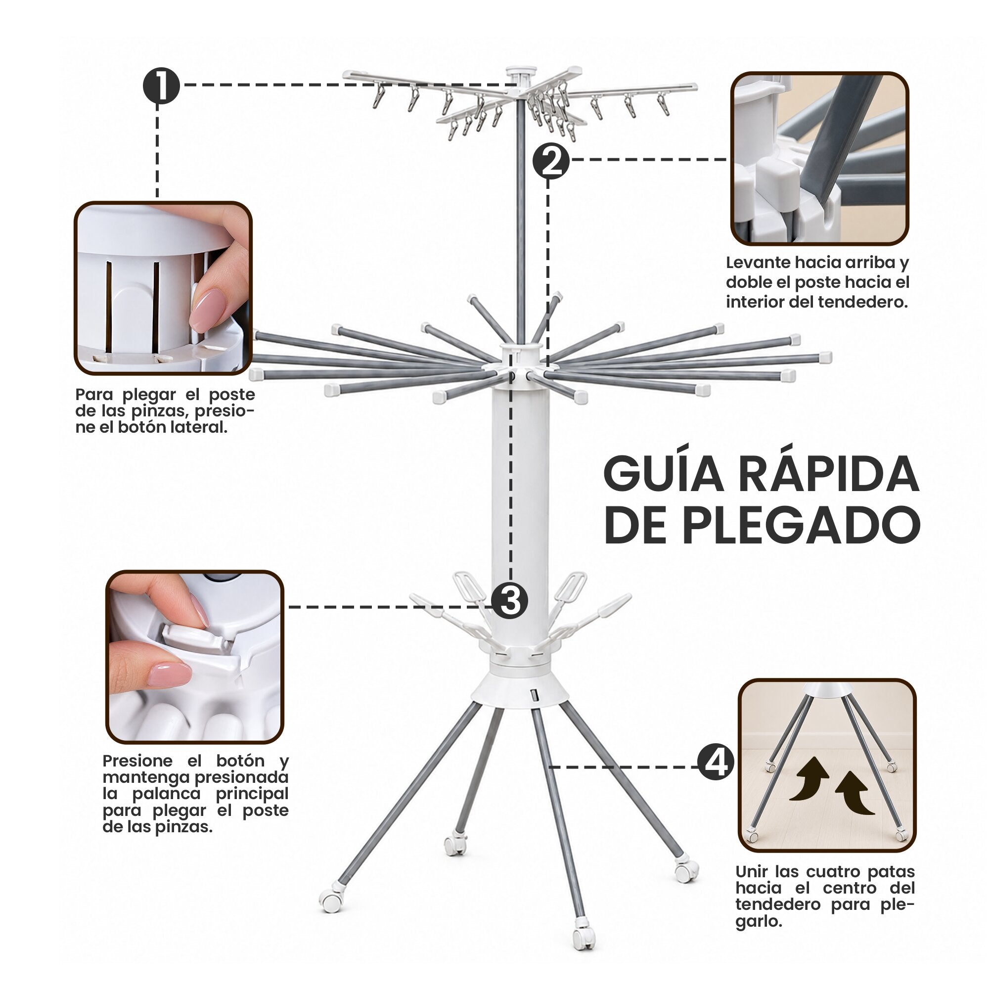 Tendedero Plegable Tipo Pulpo de Doble Nivel con Ganchos Giratorios y Base Estable