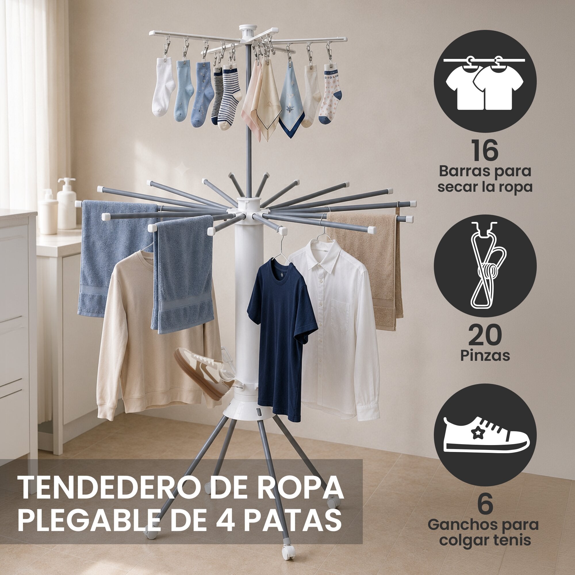 Tendedero Plegable Tipo Pulpo de Doble Nivel con Ganchos Giratorios y Base Estable