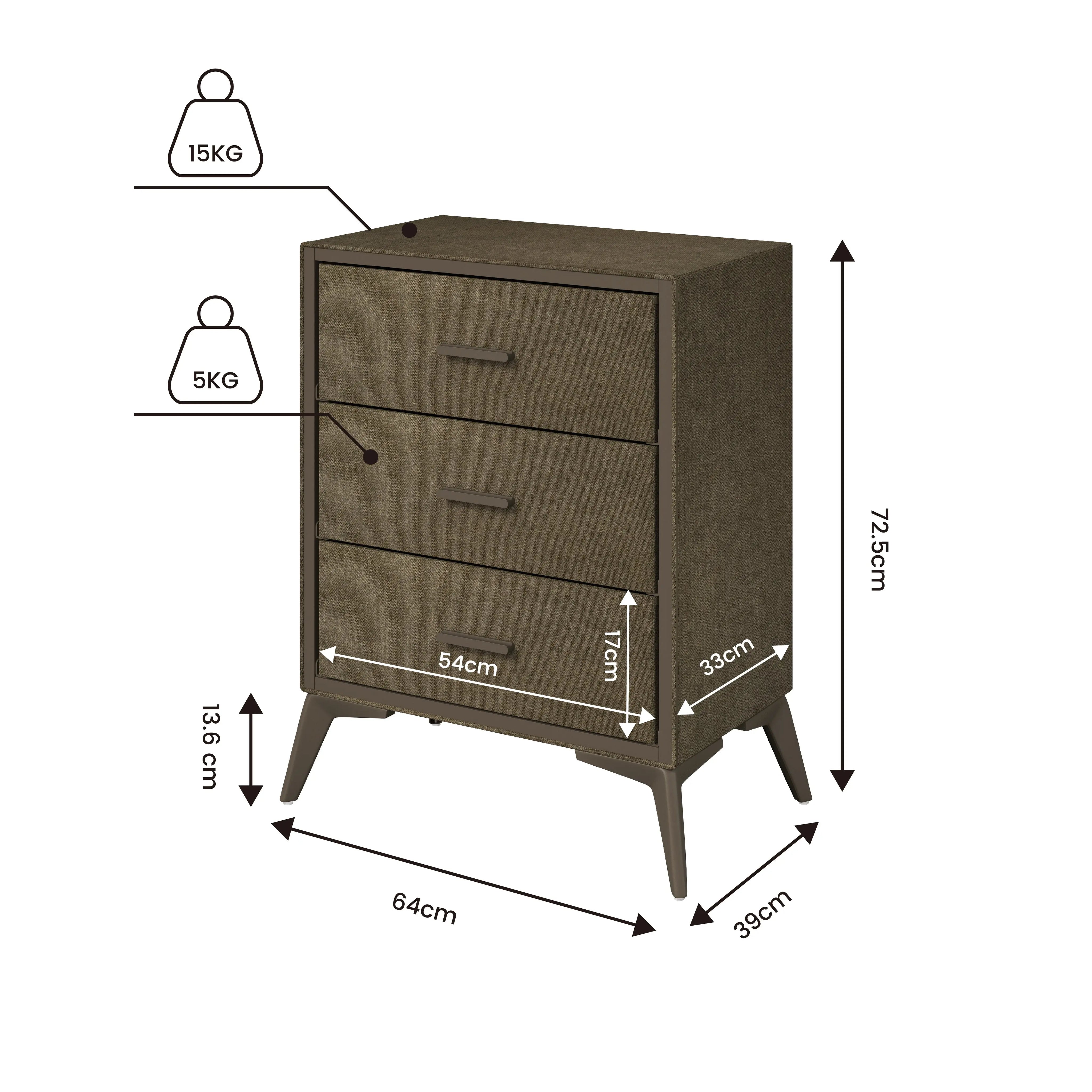 Cómoda Estilo Urban Chic de 3 Cajones de Almacenamiento para Hogar y Oficina, Organizador Cajonera con Estructura Metálica Forrada en Tela y Cajones de Tela No Tejida MU:4LIFE