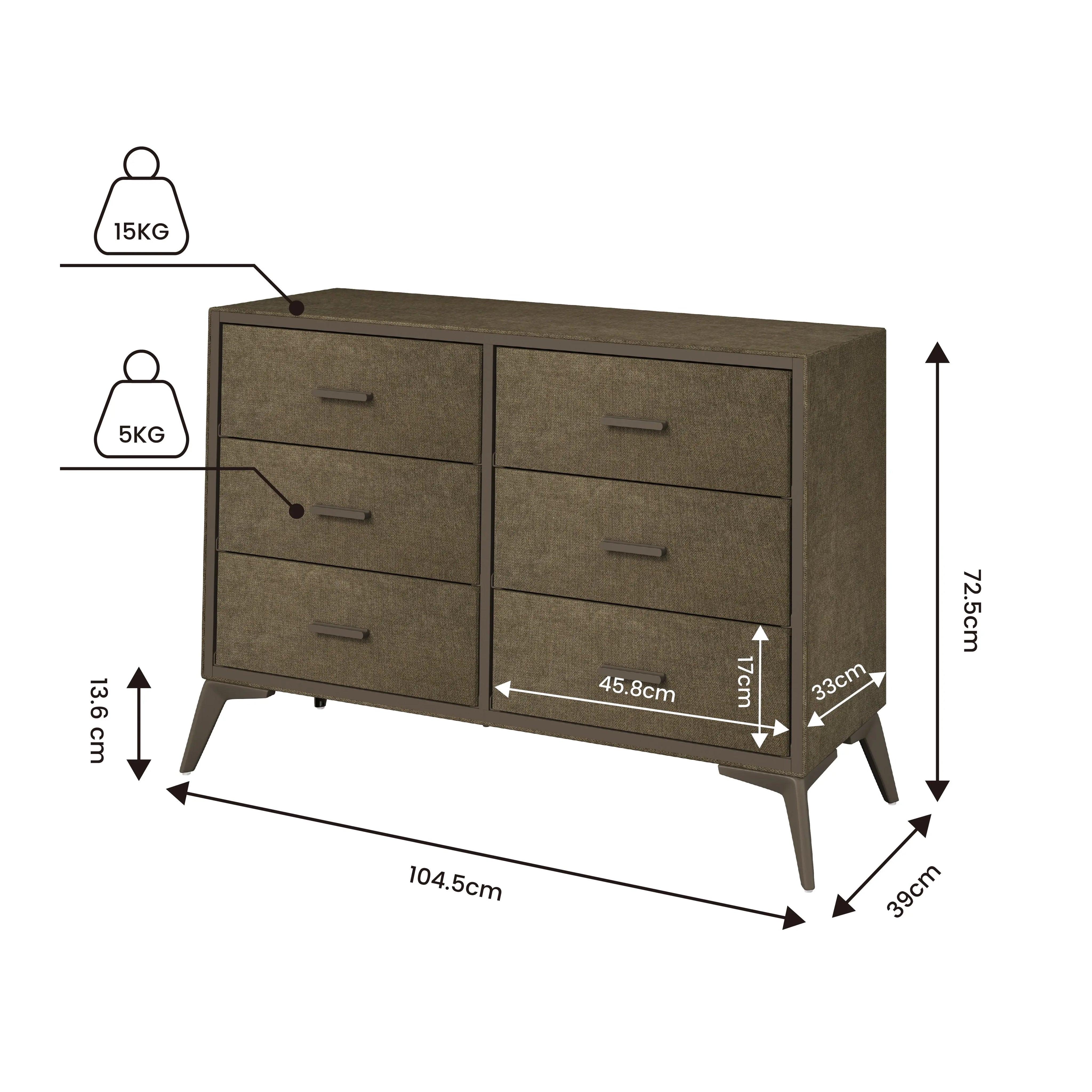 Cómoda Estilo Urban Chic de 6 Cajones de Almacenamiento para Hogar y Oficina, Organizador Cajonera con Estructura Metálica Forrada en Tela y Cajones de Tela No Tejida MU:4LIFE