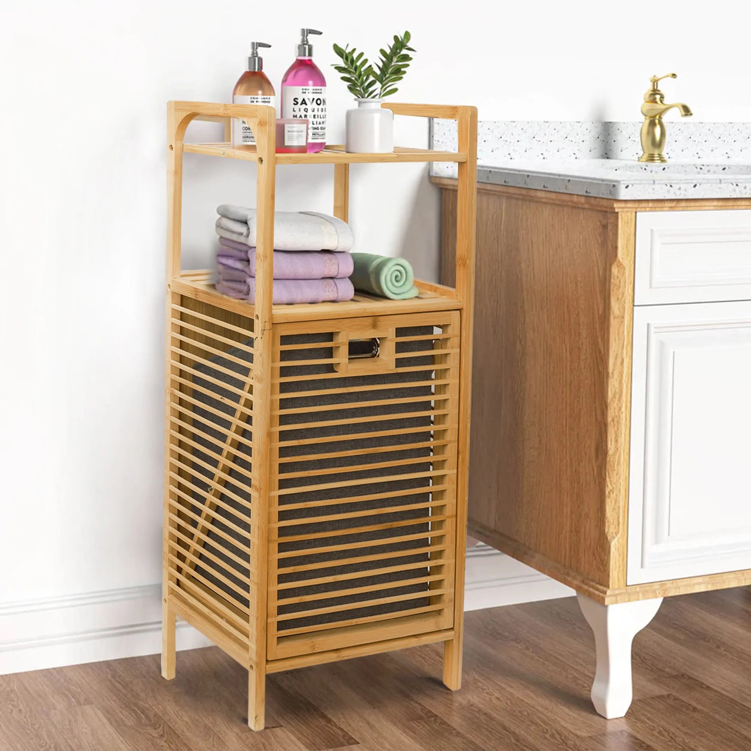 Cesto de Lavandería de Bambú con Caja de Tela para Ropa Sucia y 2 Niveles de Estantes, Ideal para Almacenamiento y Organización en Baño MU:4LIFE