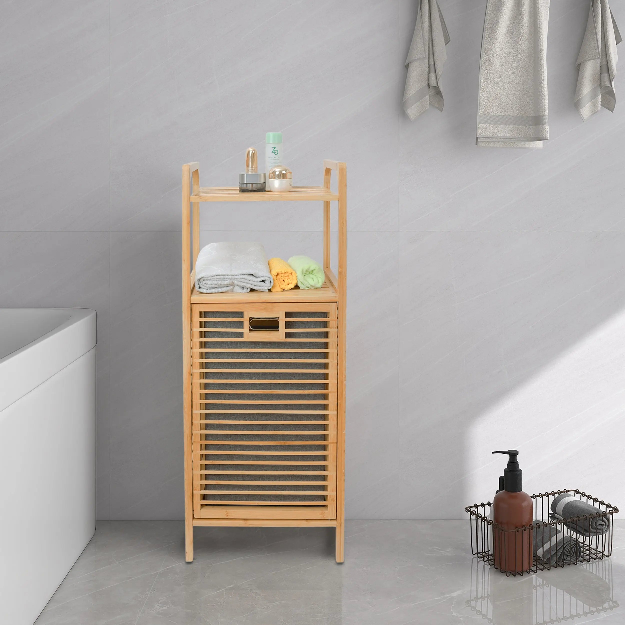 Cesto de Lavandería de Bambú con Caja de Tela para Ropa Sucia y 2 Niveles de Estantes, Ideal para Almacenamiento y Organización en Baño MU:4LIFE