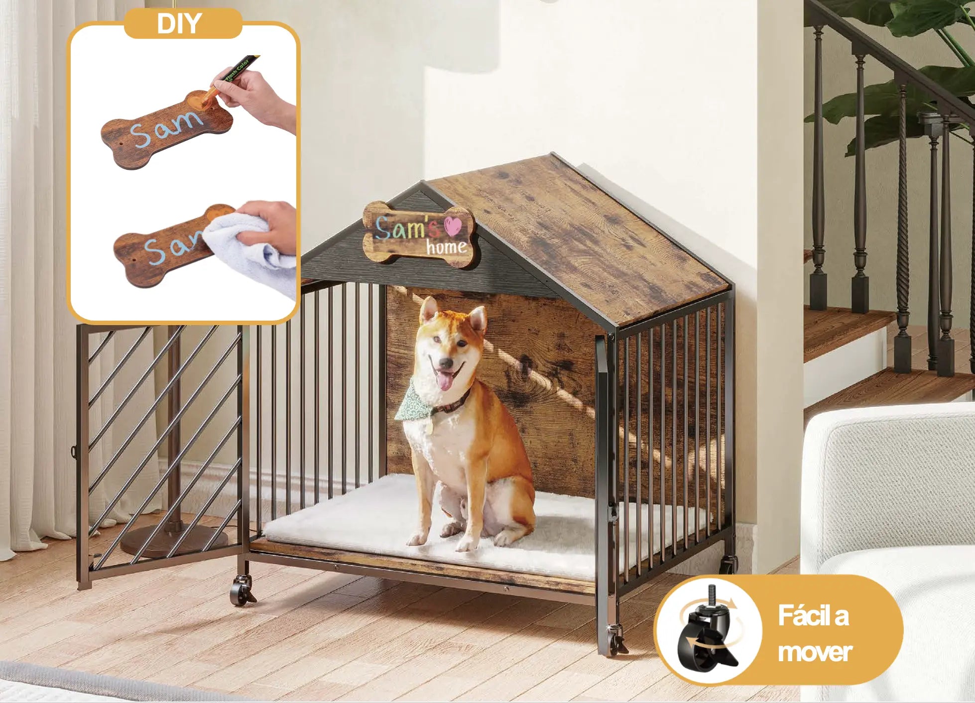 Casa Estilo Mueble para Perro, Casa de Perro de MDF y Metal con Almohadilla (Atigrado) MU:4LIFE