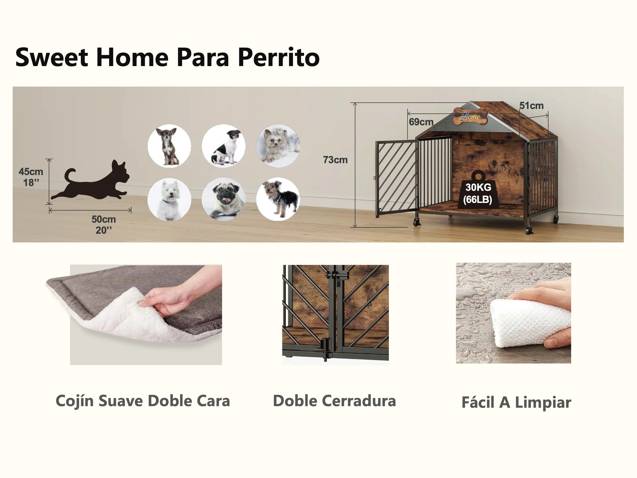 Casa Estilo Mueble para Perro, Casa de Perro de MDF y Metal con Almohadilla (Atigrado) MU:4LIFE