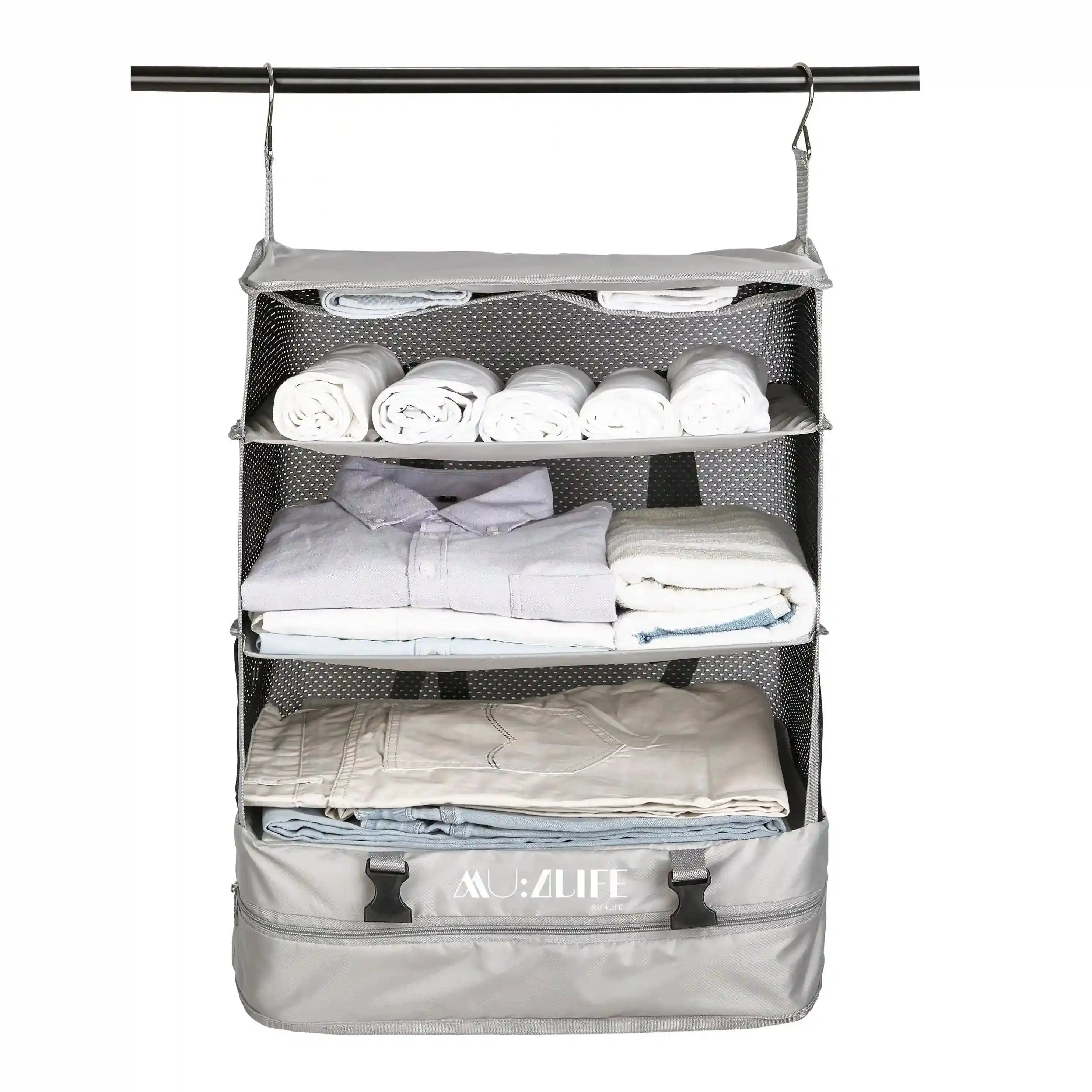 Organizador para equipaje de viaje, organizador para maleta de viaje grande, estilo closet colgante con 3 cajones y una bolsa, ahorra espacio y desempaquetar MU:4LIFE