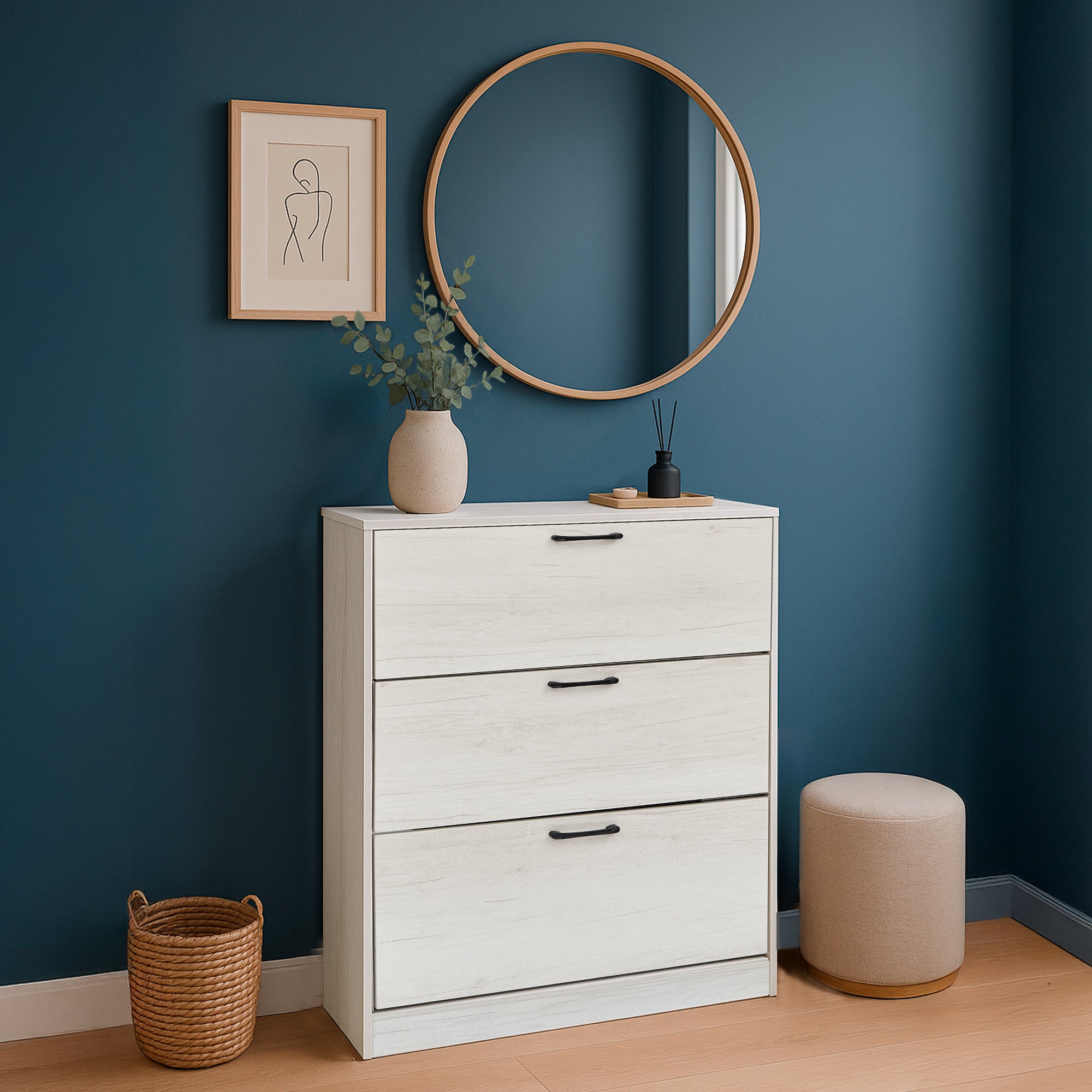 Gabinete para Calzado 3 Cajones Abatibles, Blanco Marfil, Diseño Estrecho para Recibidor