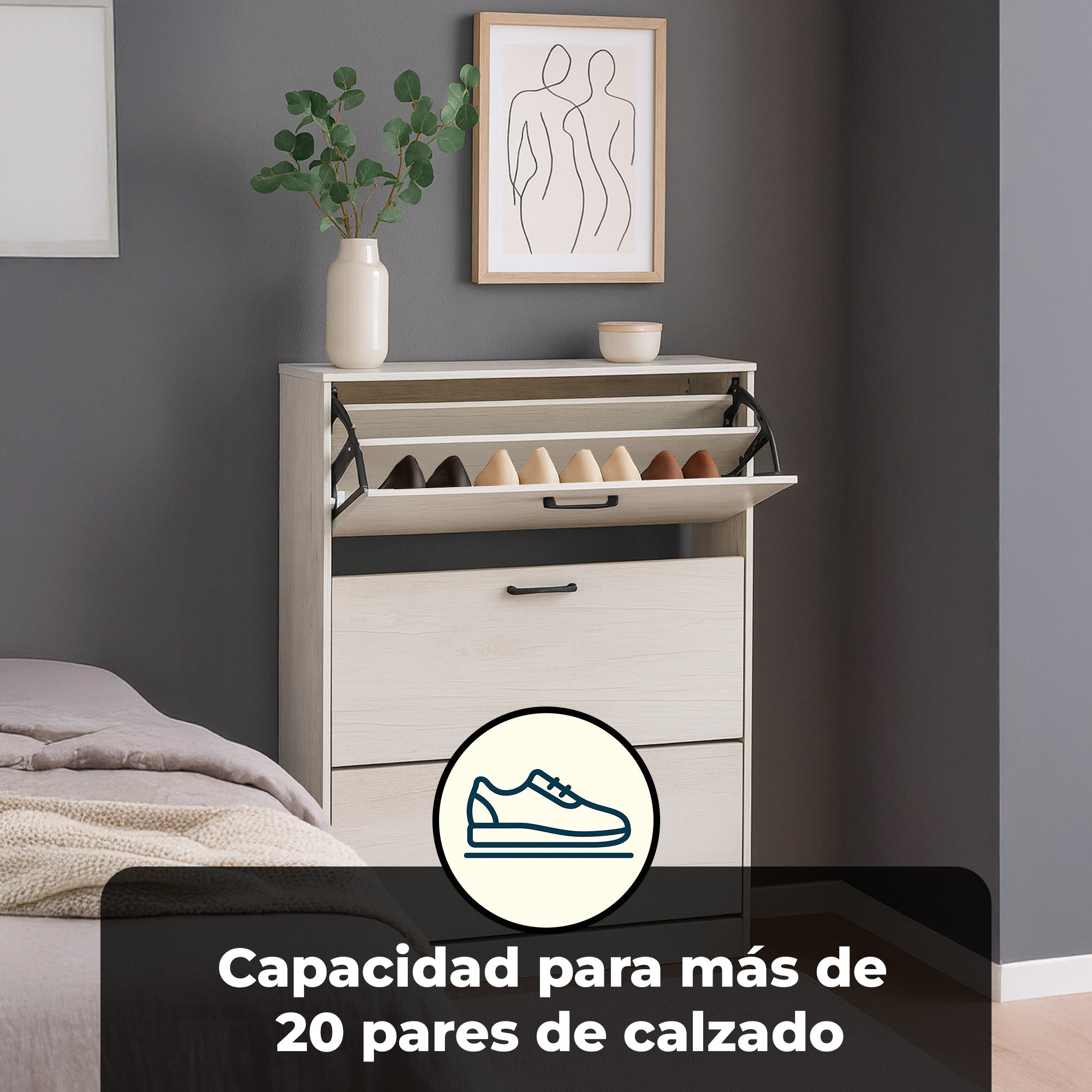 Gabinete para Calzado 3 Cajones Abatibles, Blanco Marfil, Diseño Estrecho para Recibidor