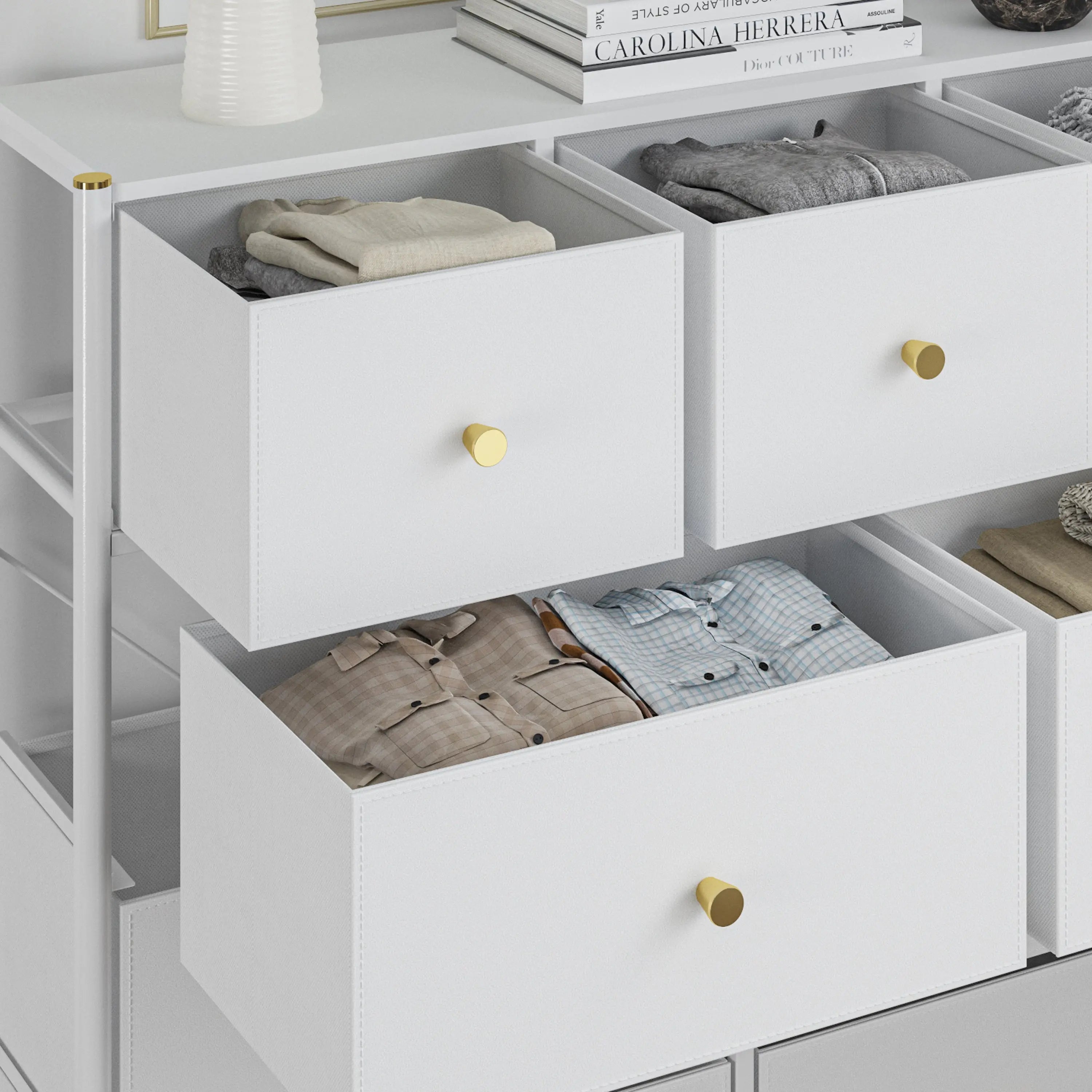 Cómoda Ancha de 6 Cajones para Almacenamiento en Hogar y Oficina, con Estructura de Metal, Tabla de MDF y Cajones de Tela No Tejida con Cubiertas de Cuero PU MU:4LIFE
