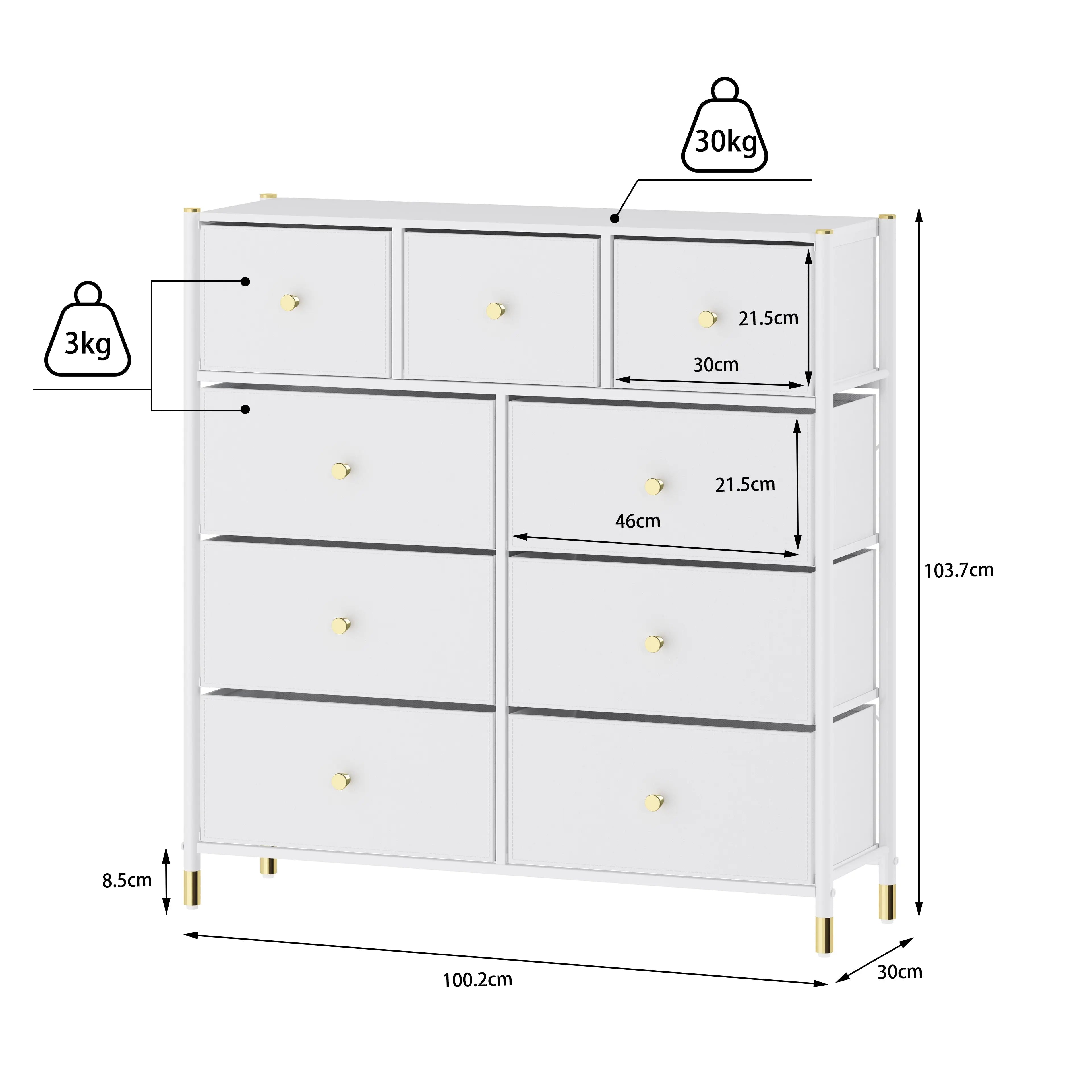 Cómoda de 9 cajones almacenamiento para hogar y oficina, organizador cajonera de estructura metal, tabla MDF y cajones de tela no tejida cubiertas de cuero PU MU:4LIFE