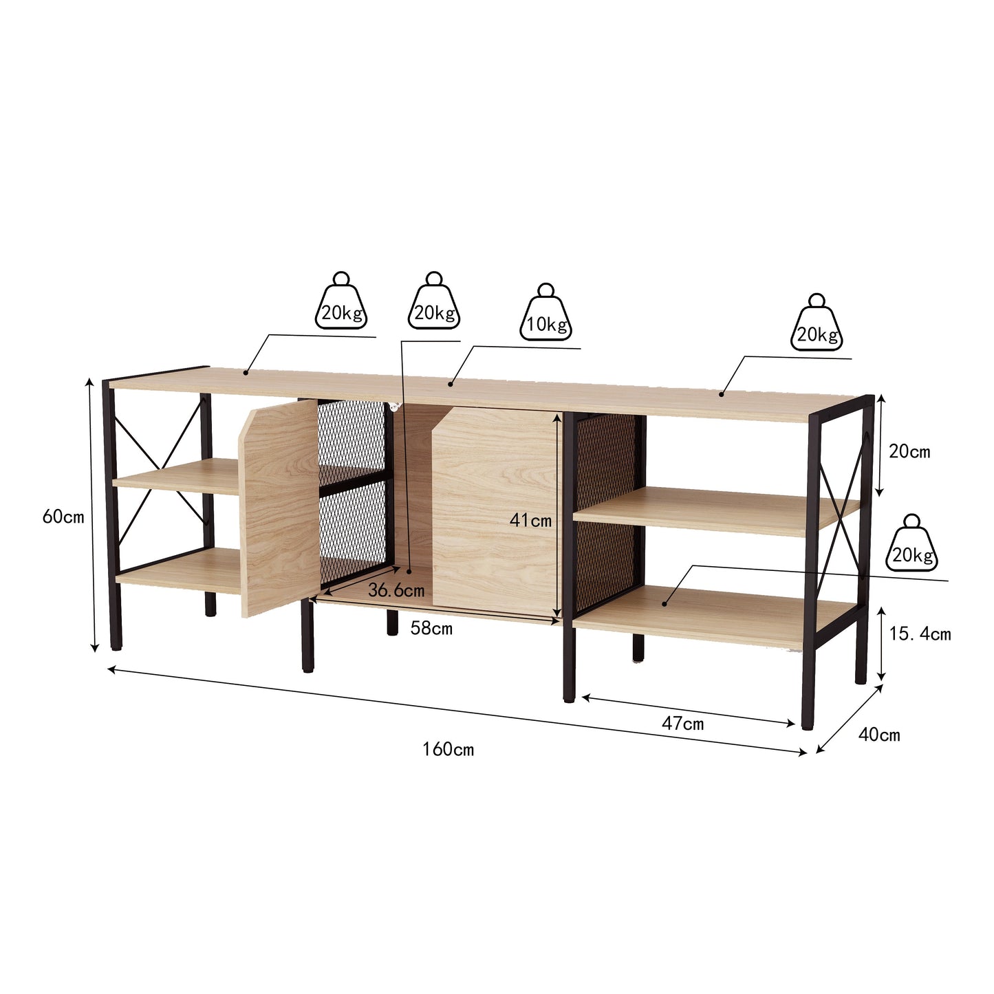 Estantería ancha metálico de madera y metal, Centro de entretenimiento para TV