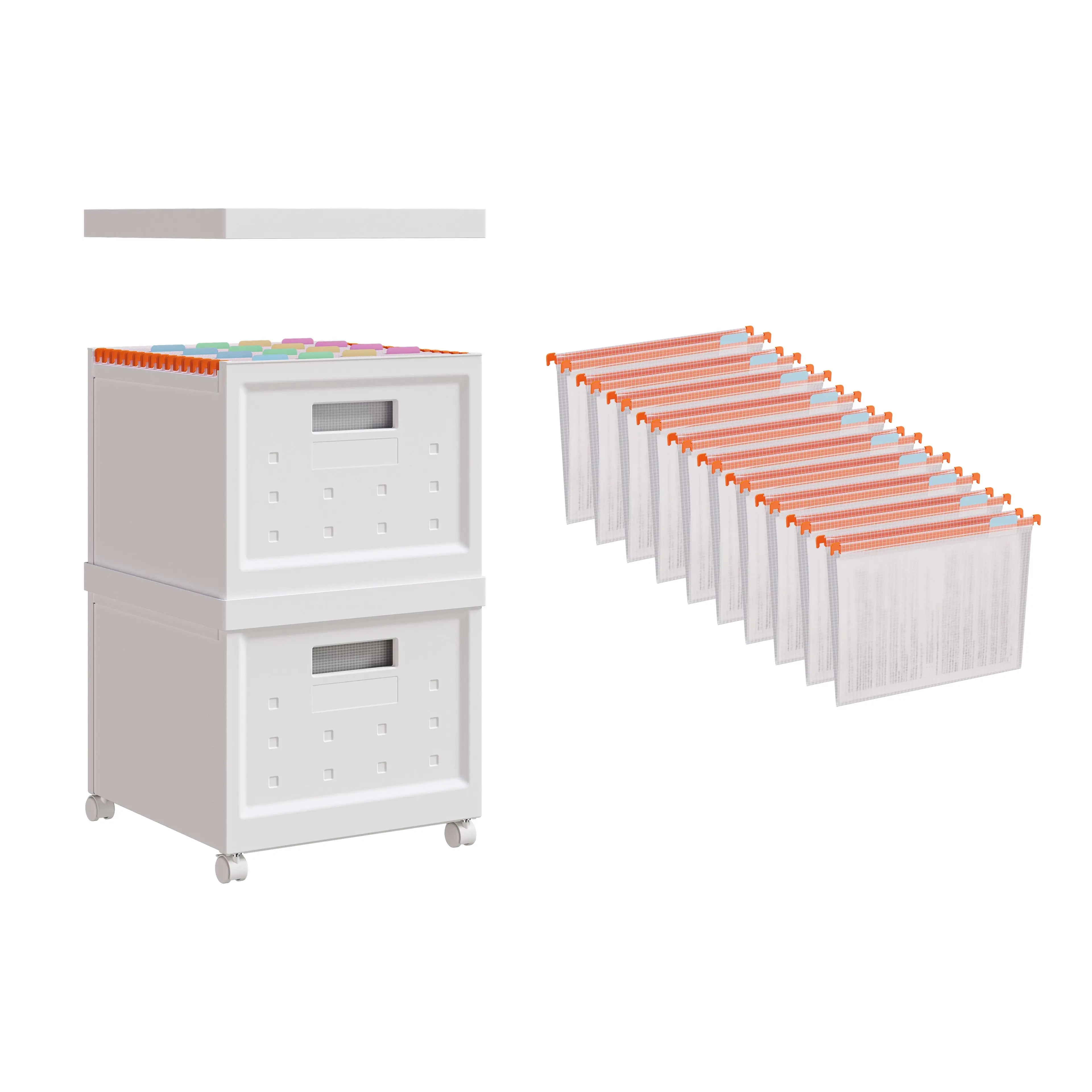 Set de 2 cajas de almacenamiento de archivo con ruedas, tapa y carpetas plásticas colgantes de tamaño carta, archivero organizador con caja individual y plegable MU:4LIFE