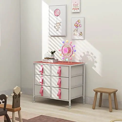 Cómoda de 6 cajones para niños, almacenamiento de ropa y juguetes, organizador cajonera de estructura metal y cajones de tela lino poliéster y tela no tejida MU:4LIFE