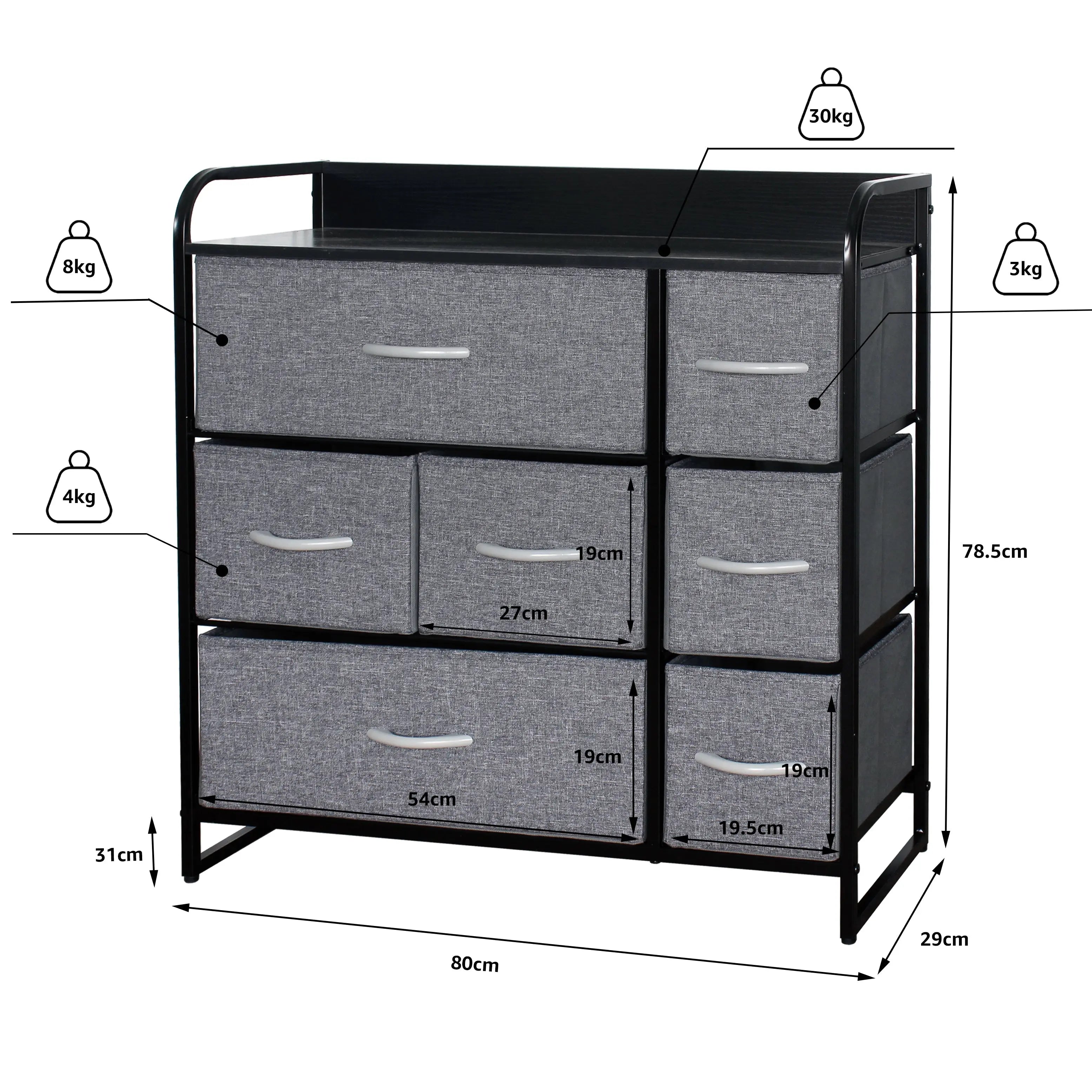 Cómoda de gran capacidad de 7 cajones almacenamiento para hogar y oficina, organizador cajonera de estructura metal y cajones de tela lino poliéster y tela no tejida MU:4LIFE